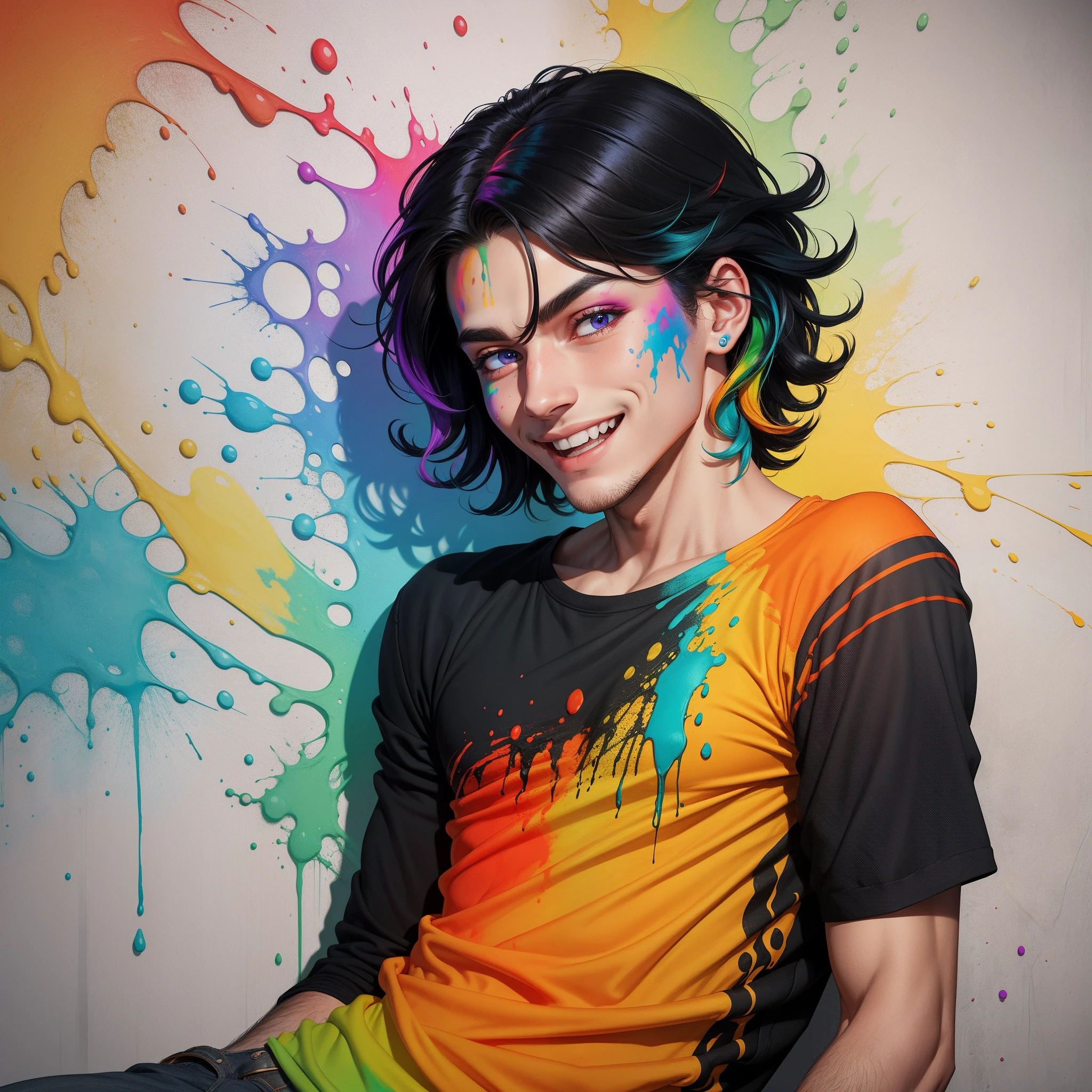 Young men with black hair, rainbow eyes, orange shirt, smeared with paint, surrounded by rainbow colors and smiling --auto --s2