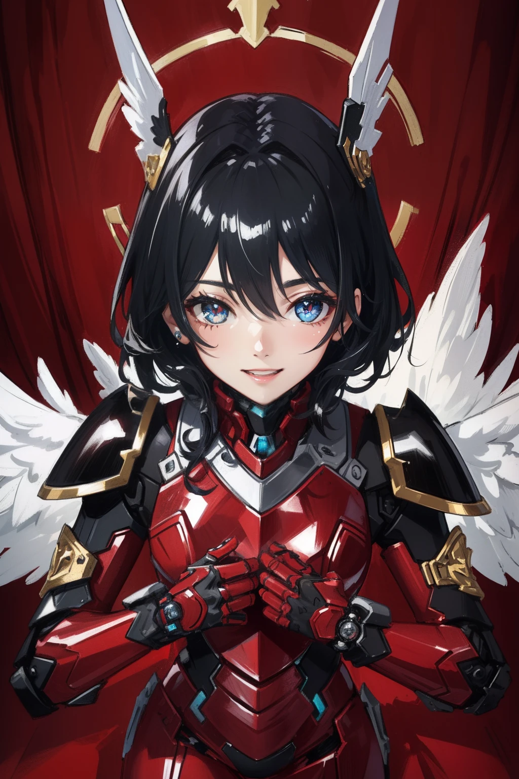 (master piece, Best Quality), Intricate details, (((Laugh))), valkyrie, (((kawaii))), Cheerful smile, Looking at Viewer, Deep Red Feather Headgear, Night, (((In the Red Room))), red wall, Hand up, 15yo student, face CloseUp, light Particle,
1girl in, Solo, Realistic, ultra-detailliert, (Shiny skin:1.4), Absurd, slender, Dynamic lighting, High resolution, Sharp Focus, depth of fields, Detailed eyes, Sharp pupils, Realistic pupils, (((flat breast))), (thick thighs:1.0),
Portrait, swept bangs, short hair with black curly hair, Sapphire drooping eyes, crimson thighs, Deep Red Detached Single Sleeve, Robot joints, Crimson Grove, Crimson bodysuit, Crimson reinforced suit, Wings of Raven, pantyhose, Crimson Full Armor, flower decoration,