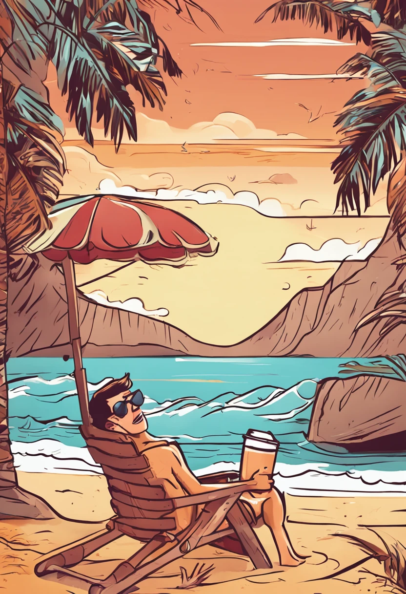 Esqueleto cartoon, on the beach wearing sunglasses and beach shirt, relaxando em uma cadeira de praia