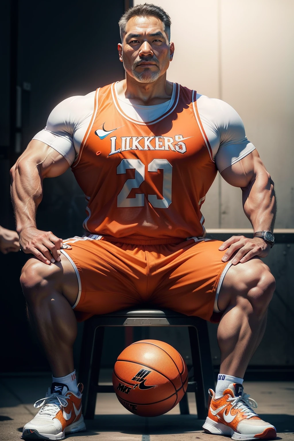 A 50-year-old middle-aged man,grampa,Man,Height 195,Asian people,Chinese big breasts,sit on chair,God perspective,The eyes are about to face each other,largeeyes,Chinese men,musculature,Lift one foot,Wearing a white Nike basketball vest,White basketball pants,The number 22 is written on the basketball suit,Orange Nike high-leg basketball shoes,Rope in hand,Ferocious and ferocious,The background is a prison