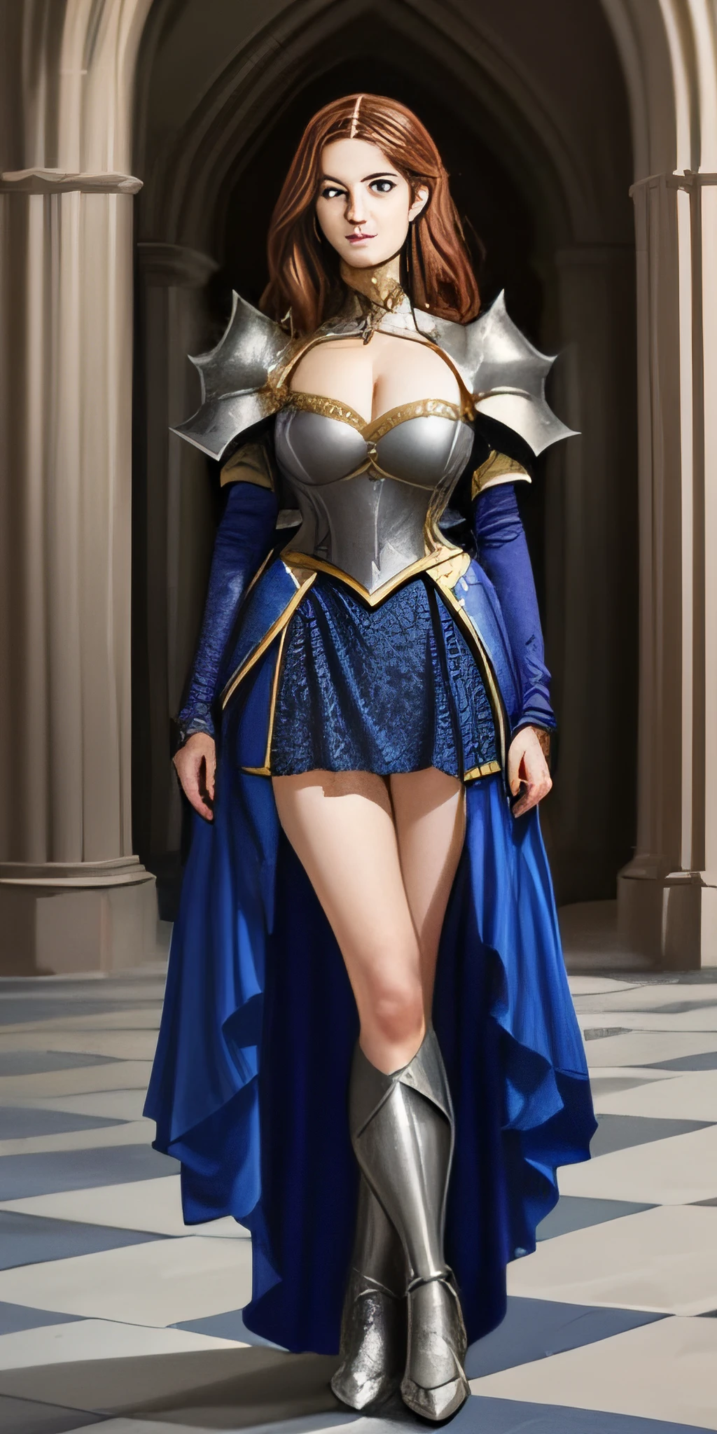 looking to the camera front view, full body standing, Celica Fire Emblem, heavy Armor, solo, red eyes, cleavage, (medieval fantasy-style indoors), gleaming skin, shiny hair, detailed and delicate costumes, long skirt, shackles on legs attached togheter, shackles on both elbows, thorn crown on head, big breast, long hair, hands behind body, golden enchained legs, golden enchained arms