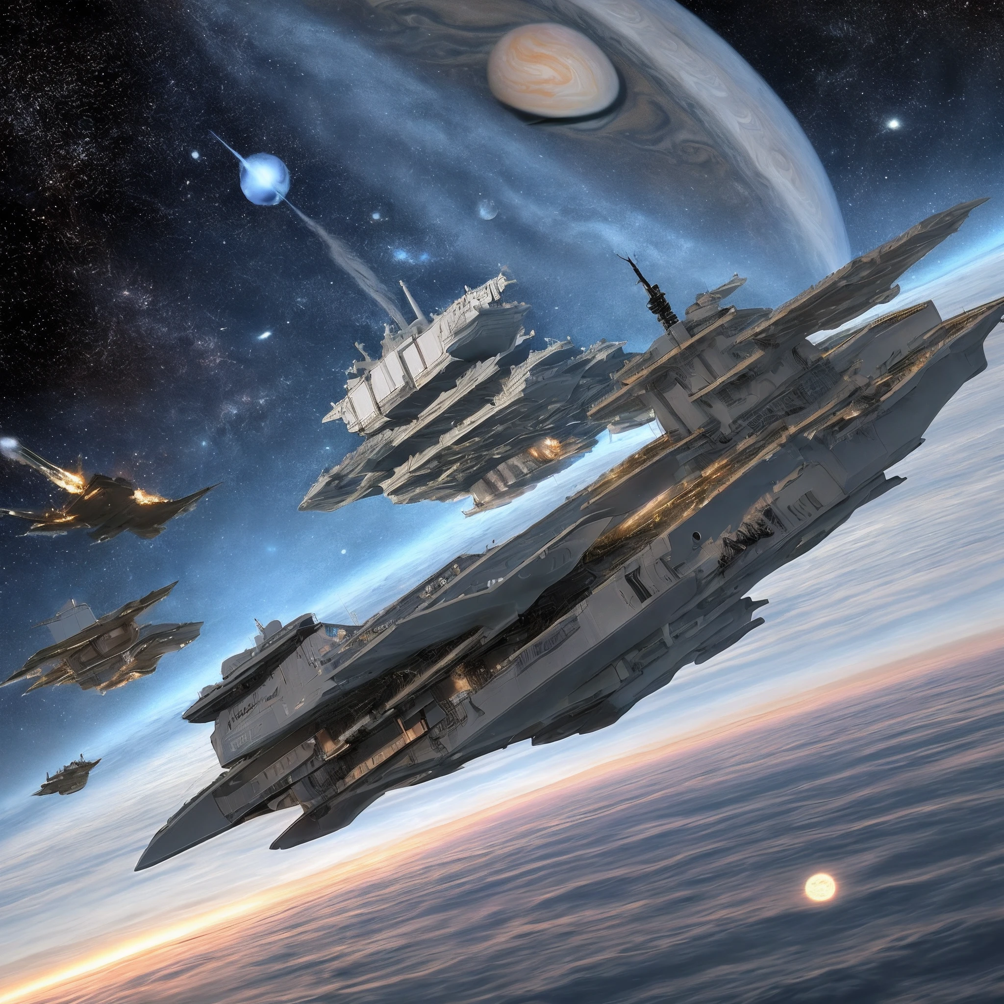 Two thousand human space warships fight next to Jupiter