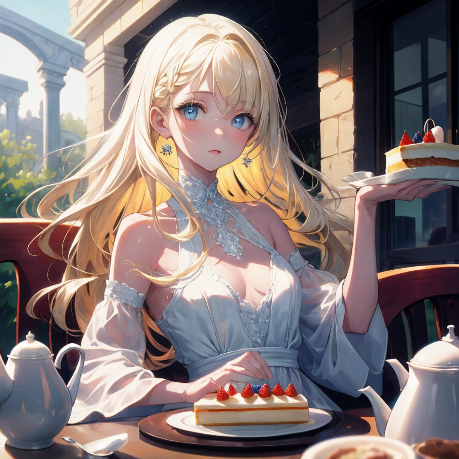 (illustration,masterpiece,best quality,high resolution),1 girl,small breasts,long hair,blonde hair,blue eyes,white dress,bare shoulders,tea party,upper body,table,cake,shiny skin,outdoors