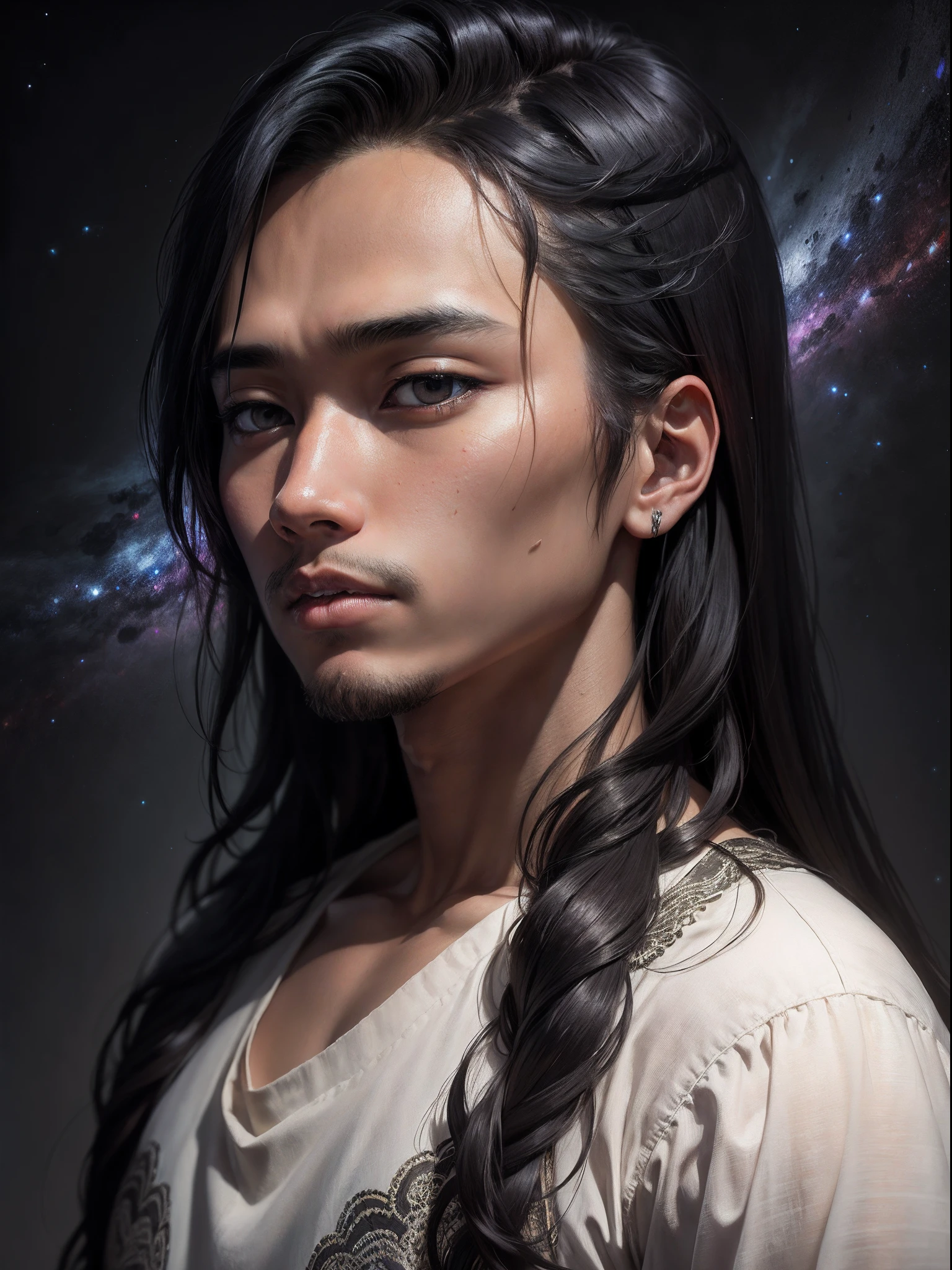 (masterpiece), HDR, portrait of kazuhiro_code1, man, 25years old, long hair, white shirt, epic realism, (epic Detail:1.2), complex and intricate background, epic beautiful and aesthetic, fog, intricate details, (natural lips, natural skin texture, natural hair:1.1), hyperrealism, sharp focus, hdr(detailed face:1.2), (detailed eyes:1.2), photography, sharpness, rich color, hyperrealistic texture, spectacular light texture, surreal art, dark black, space background