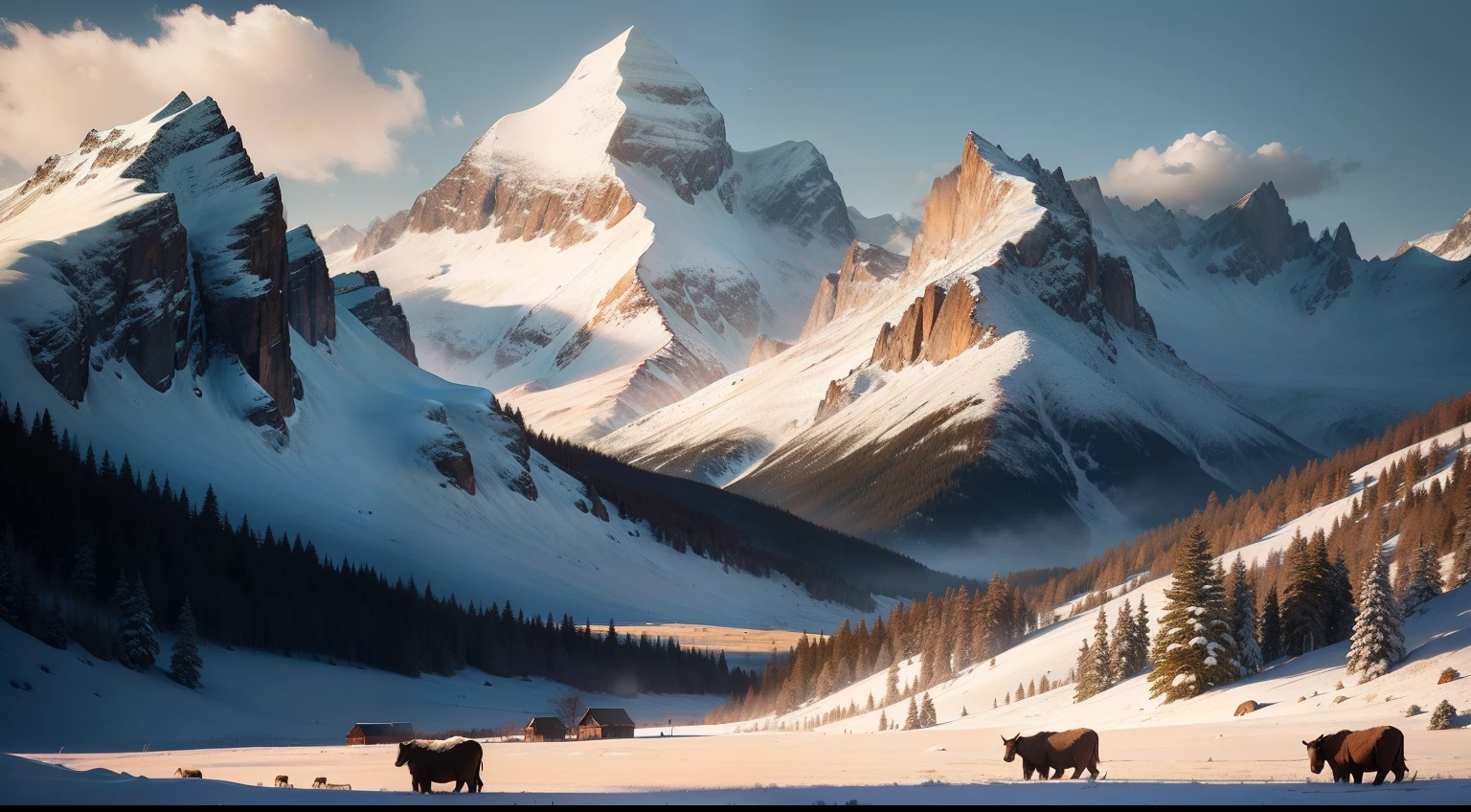 Towering snow-capped mountains in the distance, plains nearby, pastures on the plains, cattle and sheep grazing in front, small hills
