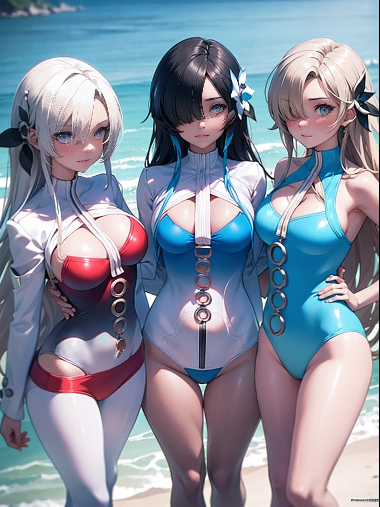 Three women in bikinis pose for a group photo on a beach by the sea, seductive anime girls, beautiful and seductive anime woman, Guviz-style artwork, Perfect white haired girl, Guviz, Beautiful anime girl, ross tran. scenery background, in beach, Beautiful anime woman, trending on artstation pixiv, Extremely detailed Artgerm, Beautiful anime，Extra-large big breasts，Blush，