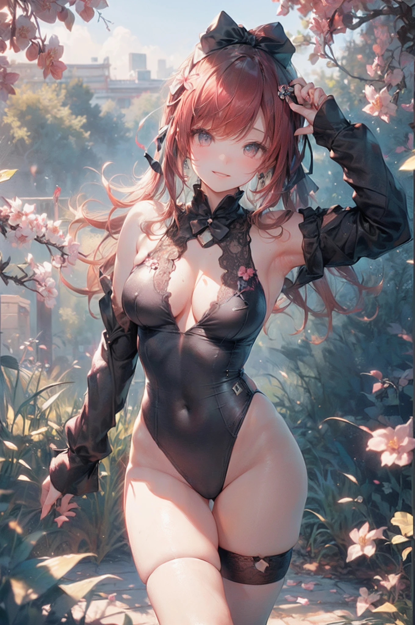 1girl in,redhair,Military Uniform Black Shirt Pencil Skirt ,((((Photorealsitic))))、((((slim figure)))),((nffsw　48))、((((((fully body photo))))))、((Sunset in the background))、((Cherry blossoms on background)),((Smiling)),((NIKON　Z))、((((age19)))),(((C-cup bust))))、(((Colorful lace swimsuit)))、((((mekosji)))),(((pore feel)))、(((Muscle feeling)))、(((photorealisim:6, realisitic)))、((耳Nipple Ring)), ((Sideways and turning around pose)),perfect breast shape、((Upside ponytail))、(bow ribbon)、((Wearing scrunchies on wrists)),hair adornments、pale-skinned、Missing the line of sight、Small waist