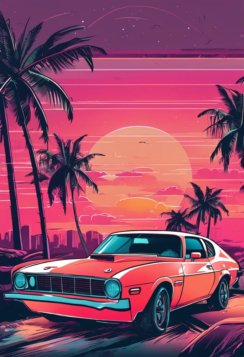Old classic sports car in front of sunset, VaporWave style, Neon style, Soft lines, Vector sticker art, Vector Cores, intriciate detail, Black t-shirt design, 8K
