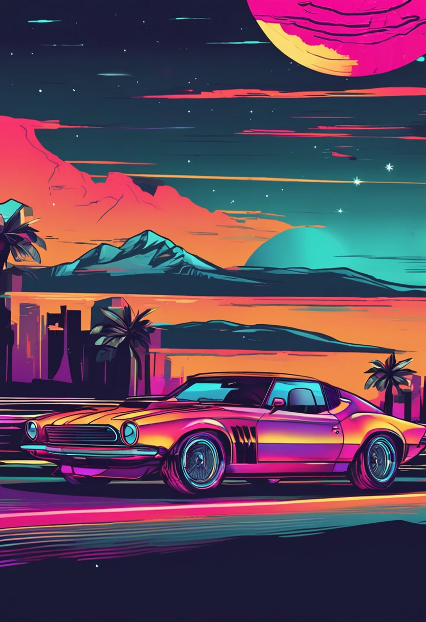 Old classic sports car in front of sunset, VaporWave style, Neon style, Soft lines, Vector sticker art, Vector Cores, intriciate detail, Black t-shirt design, 8K