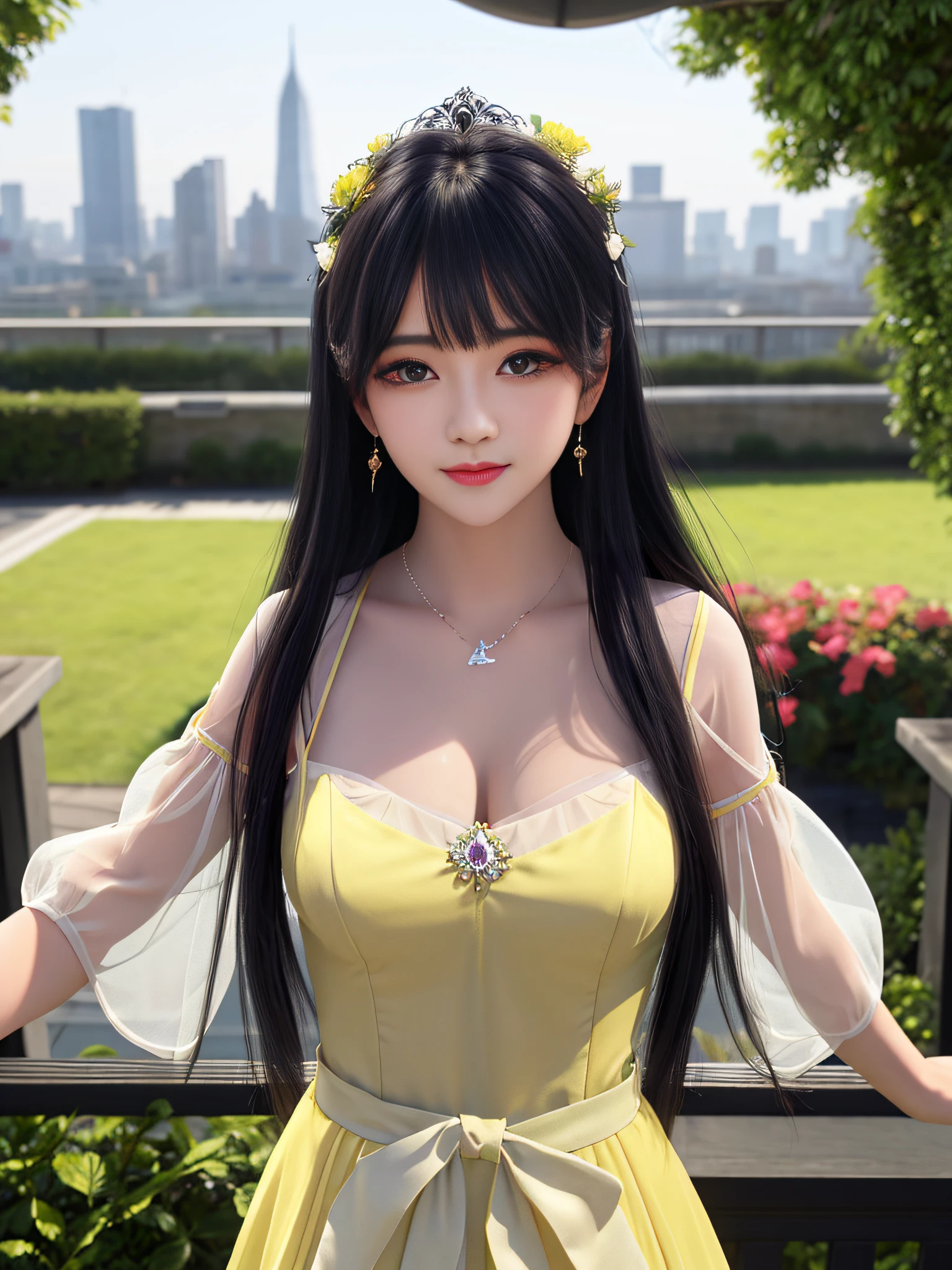 (best quality,4k,8k,highres,masterpiece:1.2),ultra-detailed,(realistic,photorealistic,photo-realistic:1.37), perfect body, nice breasts, printed off-shoulder minidress, airport interior, necklace, bracelets