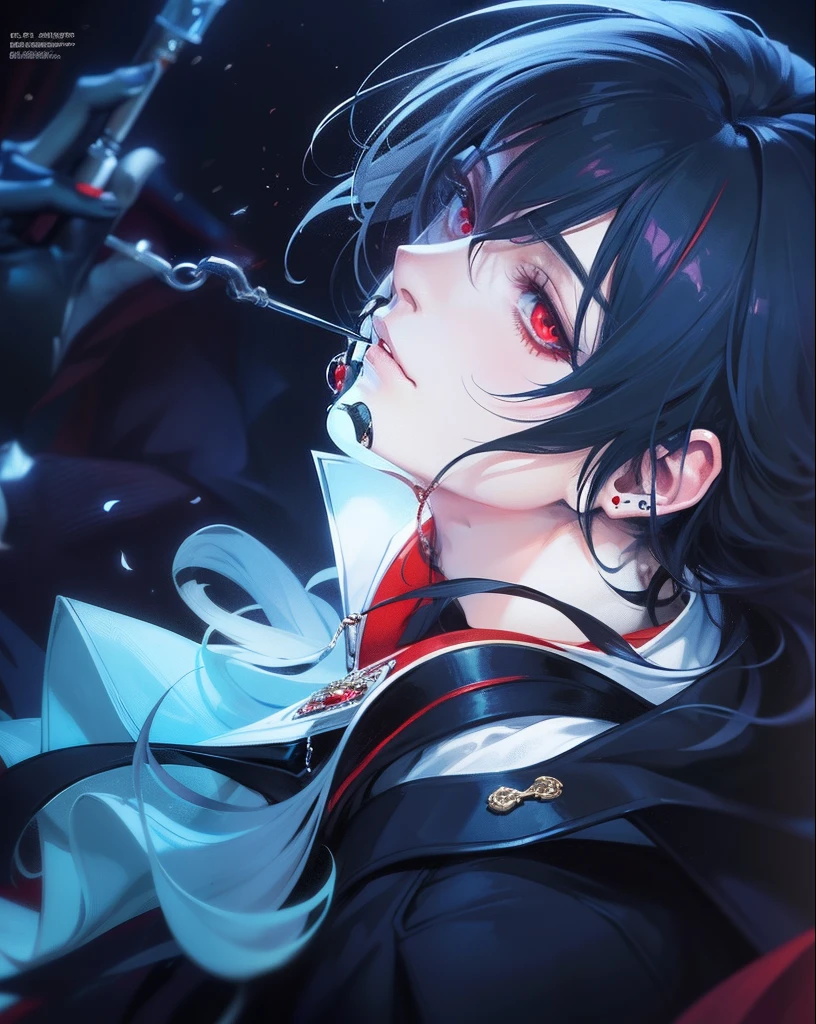 a close up of a person in a red cape holding a cigarette, l vampire, male vampire, alucard, androgynous vampire, tsurumaki kazuya, anime vampires, male vampire of clan banu haqim, handsome male vampire, inspired by Yamagata Hiro, shigenori soejima illustration, vampire, anime style, anime version, piercing mount, pale skin