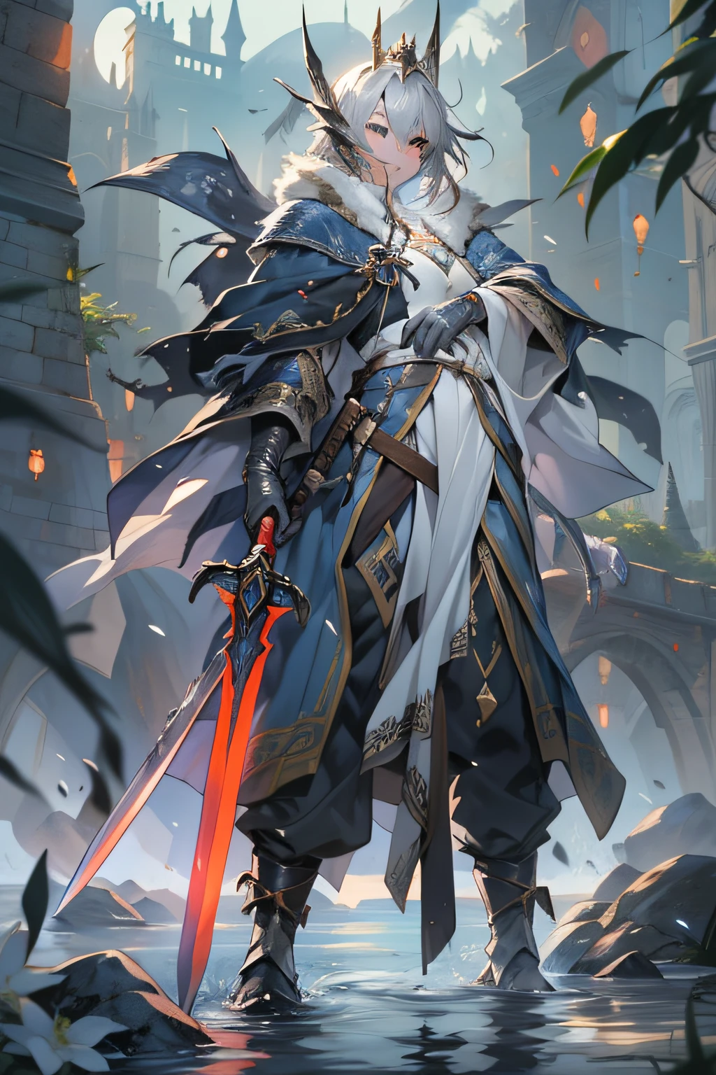 {{Masterpiece}}、{{high-level image quality}}、neons、medieval times、Neat face、A large sword is being thrust into the ground、Silver hair、The Strongest Warrior、cloaks、gloves、water magic
