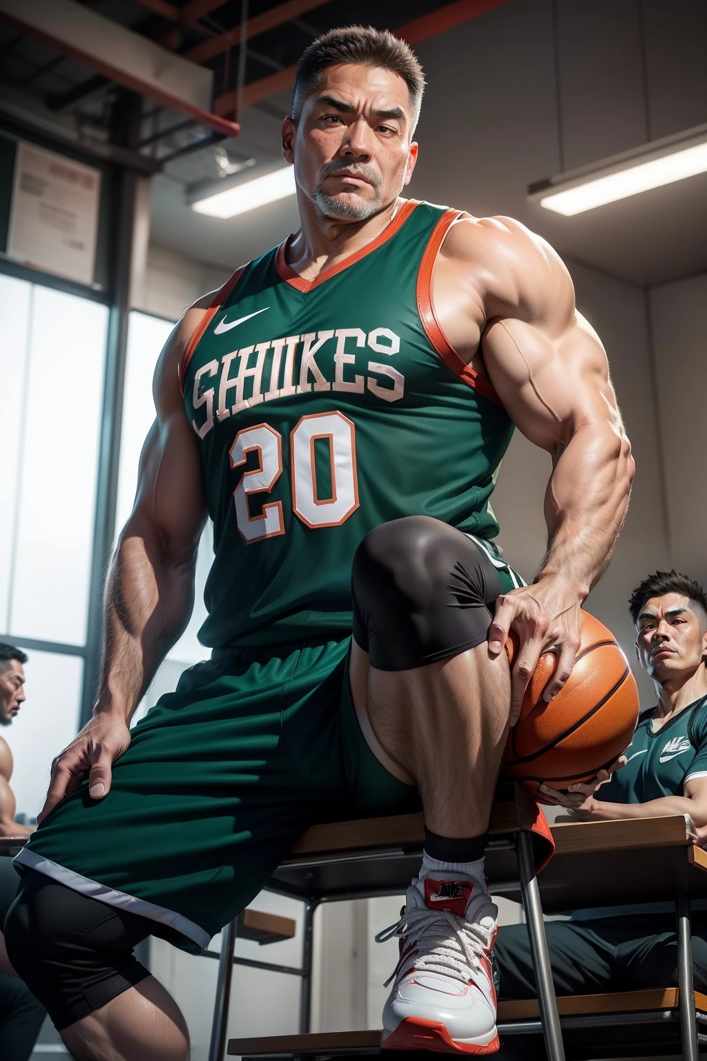 50-year-old middle-aged man,grampa,Man,Height 195,Asian people,Chinese big breasts,sit on chair,God perspective,The eyes are about to face each other,largeeyes,Chinese men,musculature,Lift one foot,Wearing a green Nike basketball vest,Black basketball pants,The number 26 is written on the basketball uniform,Red Nike high-leg basketball shoes,Rope in hand,Ferocious and ferocious,The background is a prison