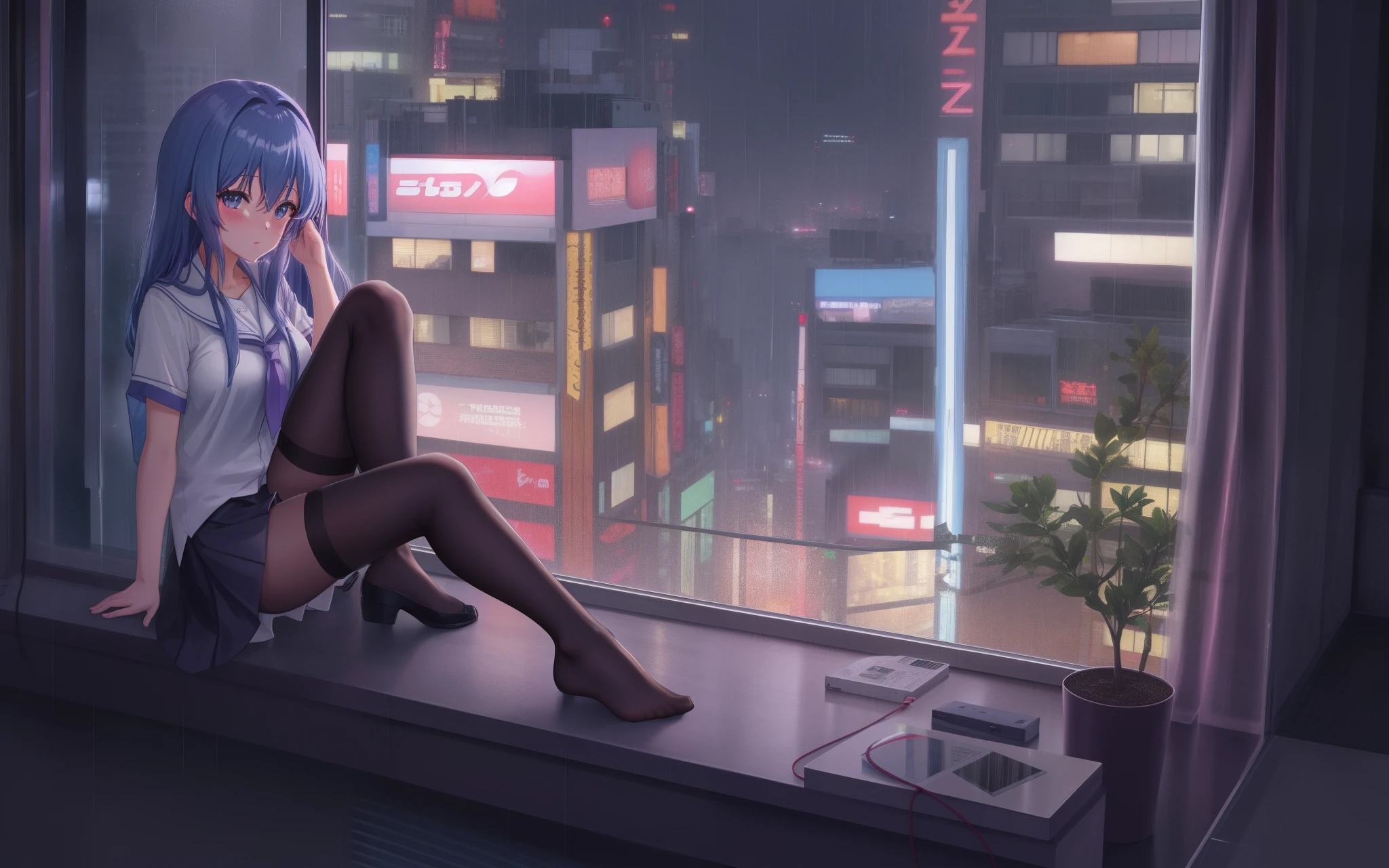 Anime girl sitting on windowsill，Look out over the city at night, tokyo anime anime scene, hd anime cityscape, Anime art wallpaper 4k, Anime art wallpaper 4 K, 4K anime wallpaper, rainy evening, Anime art wallpaper 8 K, rainy evening, late night raining, rainy cyberpunk city, style of anime4 K, By Yuumei, 4k manga wallpapers，black lence stockings