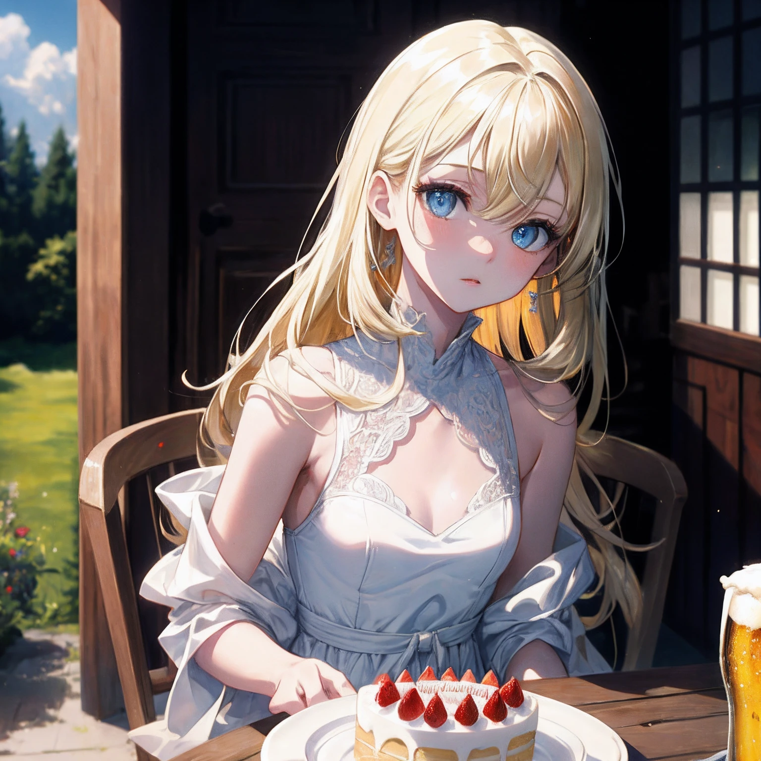 (illustration,masterpiece,best quality,high resolution),1 girl,small breasts,long hair,blonde hair,blue eyes,white dress,bare shoulders,beer,tea party,upper body,table,cake,shiny skin,outdoors
