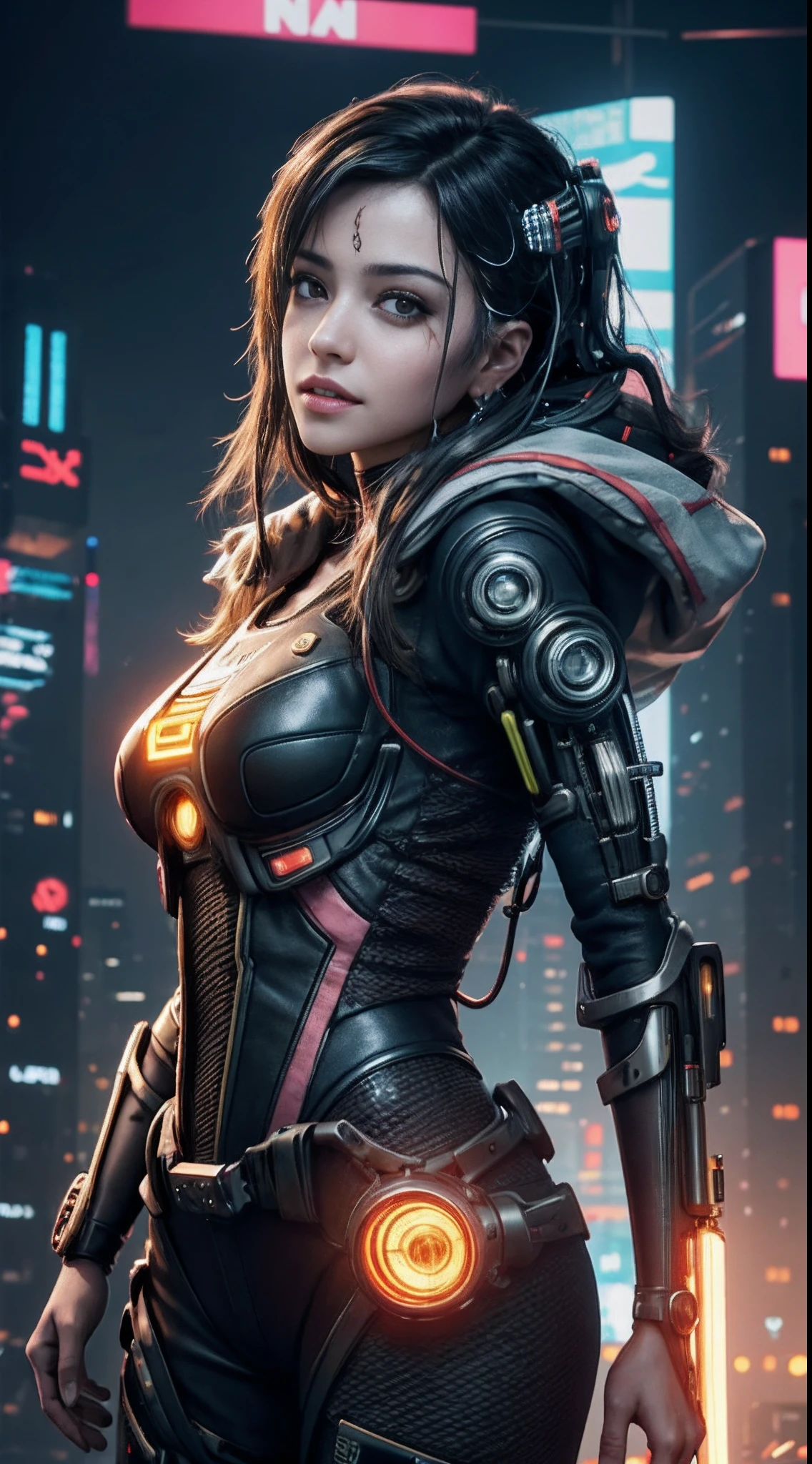 motor irreal:1.4,UHD,La mejor calidad:1.4, fotorrealista:1.4, textura de la piel:1.4, obra maestra:1.8, 1 chica cyberpunk, cabello negro, piel brillante, 1 Orange Mechanical Girl, (Super realistic details)), cuerpo completo, global ilumination, contraste, Umbroso, Renderizado de octanaje, ultrasharp, escote expuesto, Piel cruda,minifalda orange, Metal,Intricate yellow decoration details, Japan details, Alto intrincado detallado, luz realista, Tendencias en CG, in front of camera, neon details, mechanical limbs, Blood Vessels Attached to Tubes, Mechanical vertebrae attached to the back, mechanical cervical attachment to the neck, alambres y cables que se conectan a la cabeza, Gundam, small LED lamps.14 Years Old Girl、cabello plateado、Pupilas perfectamente redondas、Iris tremendoディテール, sonrisa ligera,(cyberpunk:1.3)