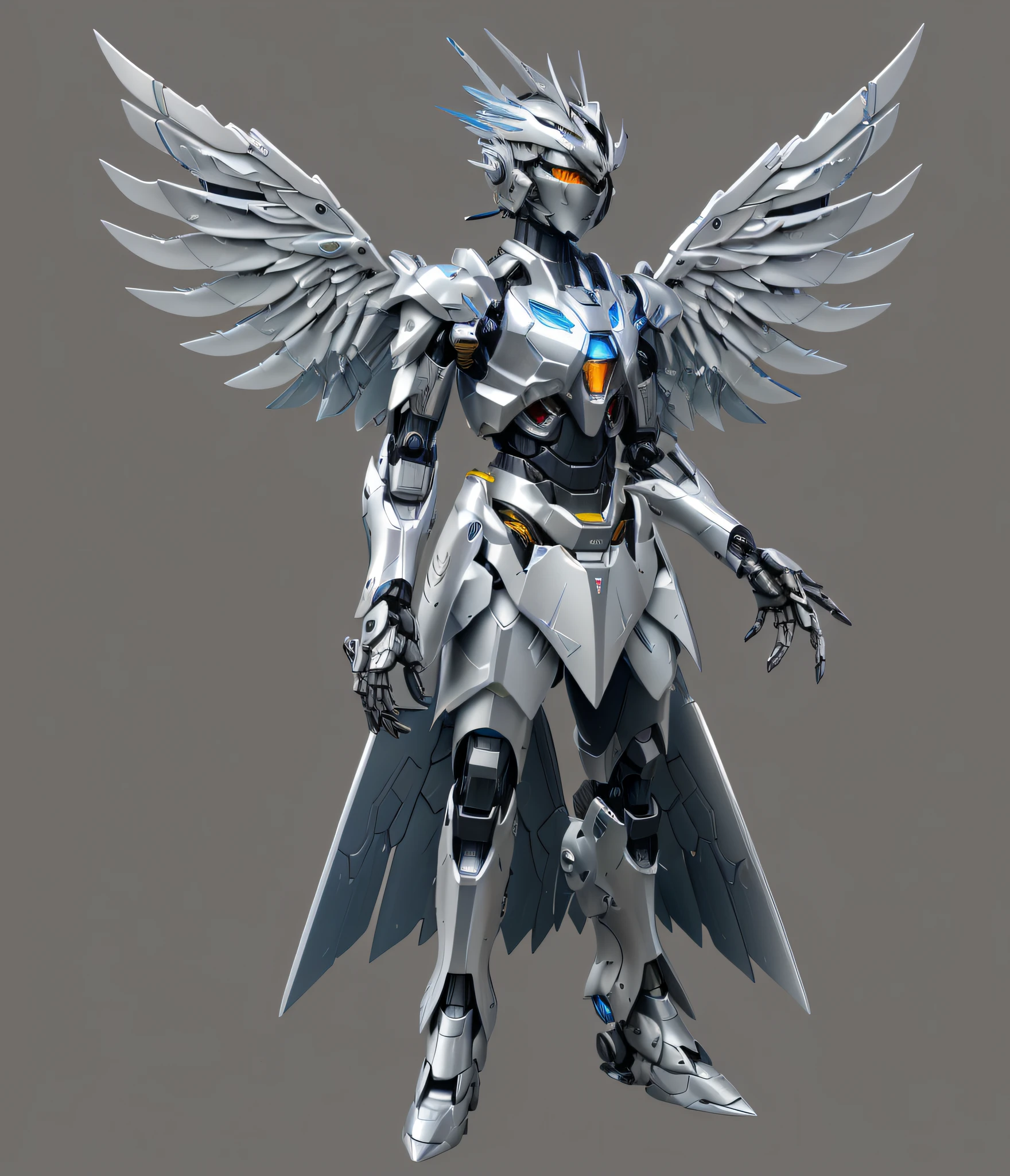 Image of Aalfid of a robot with wings and a sword, futuristic robot angel, armor angle with wing, angel in plastic armor, Mecha wings, detailed cosmic angelic robot, cyborg wing, Warrior in metal owl armor, mechanical angel, action figure mecha, unreal engine render saint seiya, anime mech armor, beautiful cyborg angel girl, with sleek silver armor