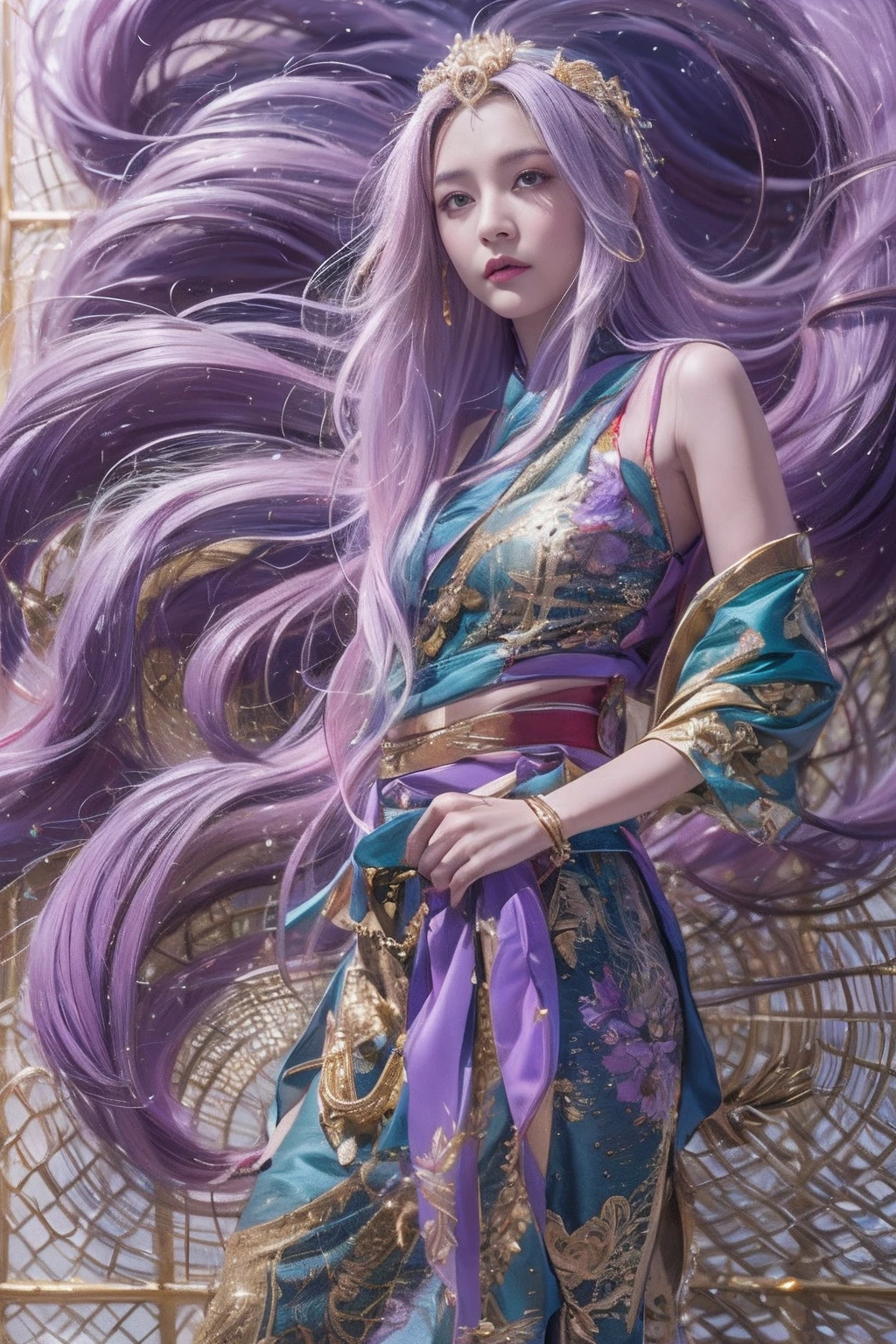 32K(tmasterpiece,k hd,hyper HD,32K)Long flowing lilac hair,Back basement,zydink, a color, Xuzhou people (Raised sexy), (Burgundy silk scarf), Combat posture, looking at the ground, long whitr hair, Floating cloves, Fire cloud pattern light gold headdress, Chinese long-sleeved gold silk garment, (abstract ink splash:1.2), smoky background,Lotus protector(realisticlying:1.4),lilac purple hair,Fog on the road,smoke in the background, A high resolution, the detail, RAW photogr, Sharp Re, Nikon D850 Film Stock Photo by Jefferies Lee 4 Kodak Portra 400 Camera F1.6 shots, Rich colors, ultra-realistic vivid textures, Dramatic lighting, Unreal Engine Art Station Trend, cinestir 800,Long flowing lilac hair,Light transparent clothes