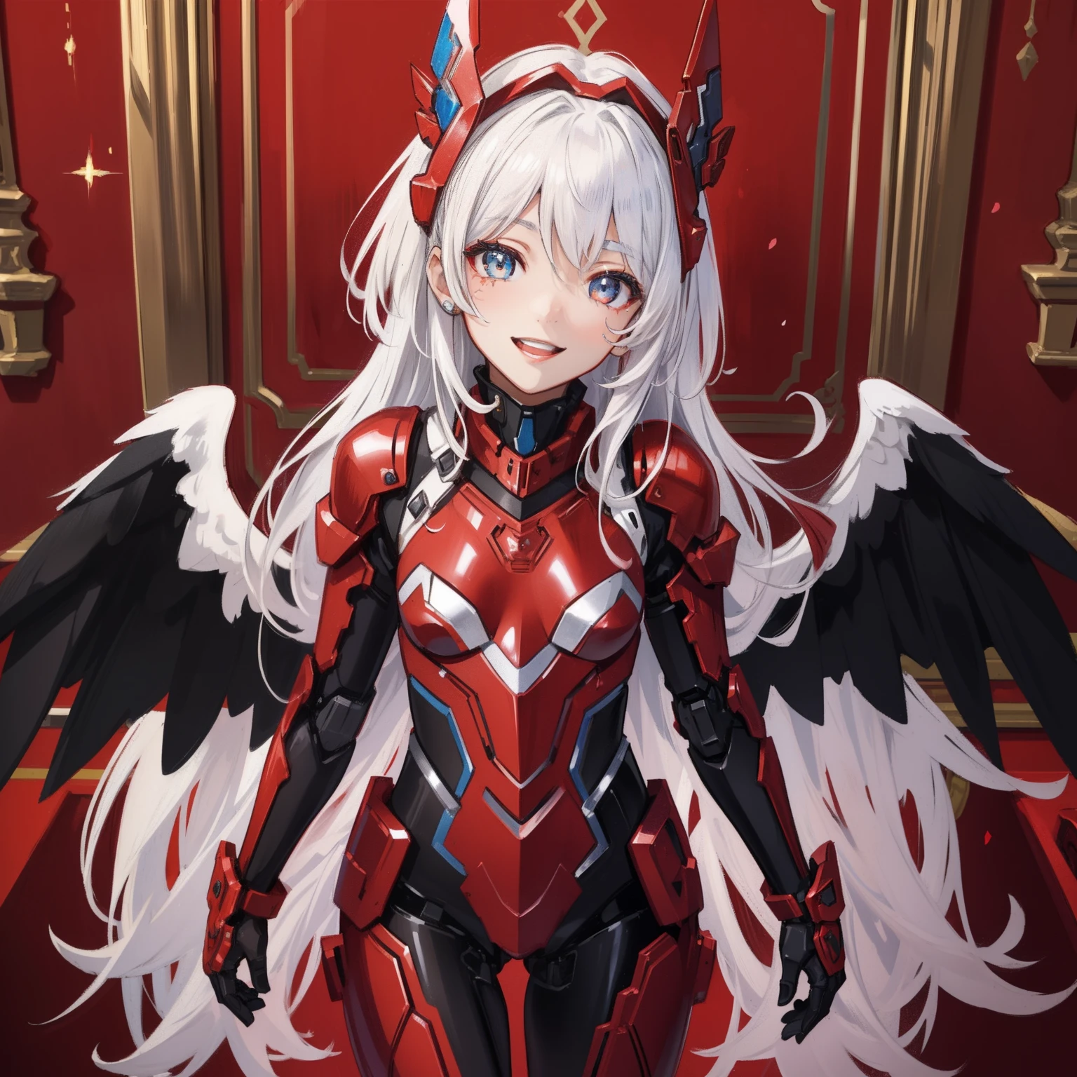(master piece, Best Quality), Intricate details, (((Laugh))), valkyrie, (((kawaii))), Cheerful smile, Looking at Viewer, Deep Red Feather Headgear, Night, (((In the Red Room))), red wall, Hand up, 15yo student, close up of face, light Particle,
1girl in, Solo, Realistic, ultra-detailliert, (Shiny skin:1.4), Absurd, slender, Dynamic lighting, High resolution, Sharp Focus, depth of fields, Detailed eyes, Sharp pupils, Realistic pupils, (((flat breast))), (thick thighs:1.0),
Portrait, swept bangs, short hair with black curly hair, Sapphire drooping eyes, crimson thighs, Deep Red Detached Single Sleeve, Robot joints, Crimson Grove, Crimson bodysuit, Crimson reinforced suit, Wings of Raven, pantyhose, Crimson Full Armor, flower decoration,