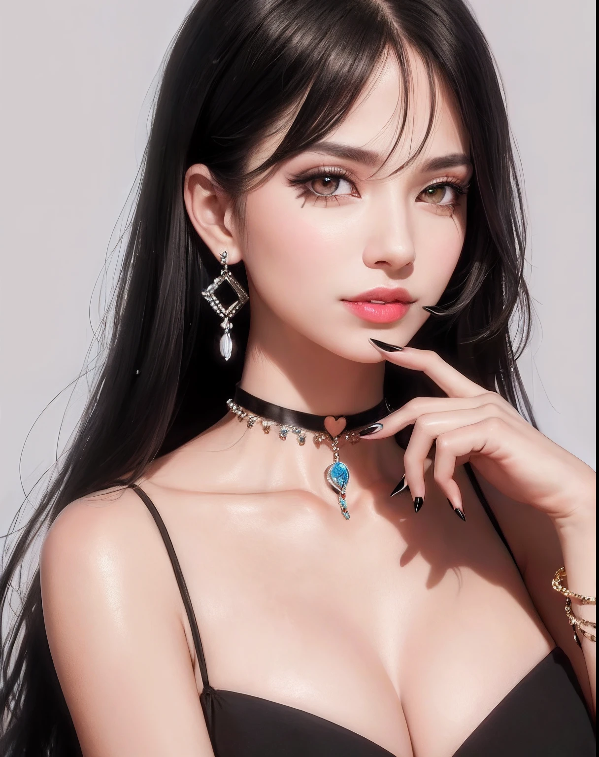 masterpiece,best quality,ultra-detailed,8K,detailed light,detailed shadow,RAW, (detailed skin),(realistic:1.2),
1girl,face,
pilyeon, black nails, jewelry, Long hair, looking at viewer, choker, necklace,piercing, white background, heart, closed mouth, grey eyes, nail polish, simple background, black hair, ear piercing, black choker, smile, eyelashes, lips, hand on own cheek, bangs, bracelet, beads, gem, earrings, fingernails