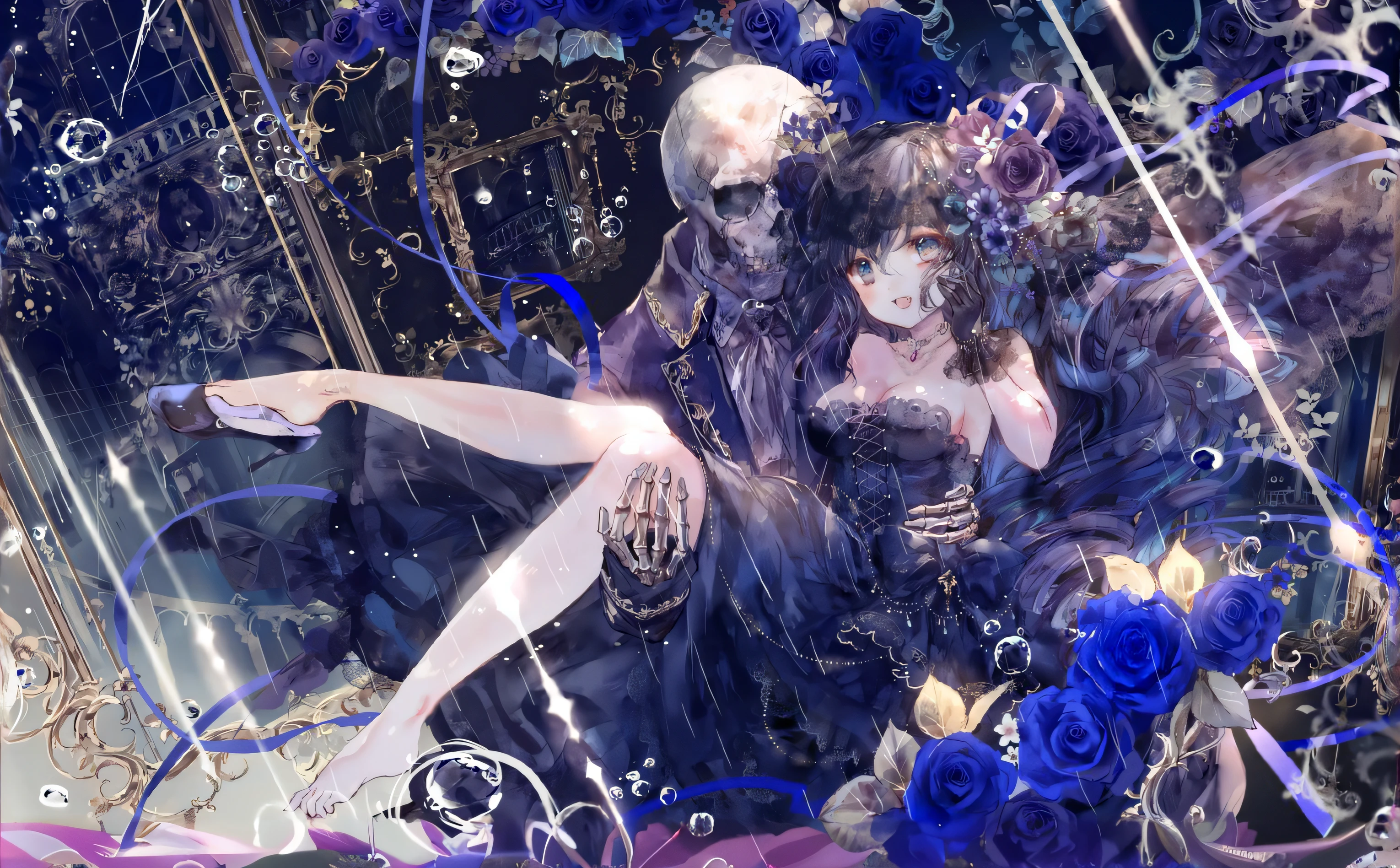 There was a woman sitting on a flower bed,With a skeleton, nightcore, 8K high quality detailed art, beautiful fantasy anime, By Yuumei, Anime art wallpaper 4 K, Anime art wallpaper 4k, romanticism art style, Anime fantasy artwork, Beautiful anime artwork, Detailed digital anime art, trending on artstation pixiv