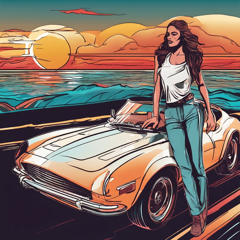 Old classic sports car in front of sunset, Woman standing next to a sports car, Wave Style, Neon style, Soft lines, Vector sticker art, Vector Cores, intriciate detail, 8K