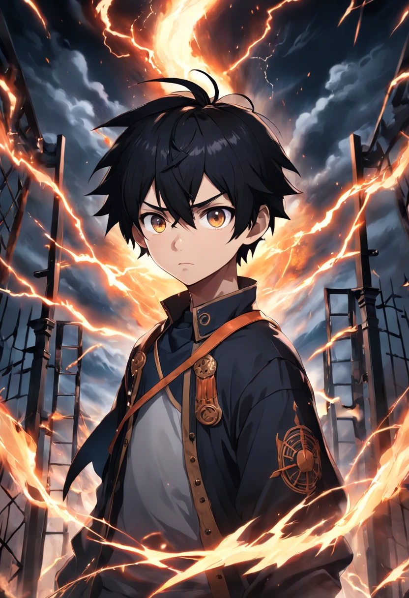 A black-haired boy with a serious face is in a dark abyss, Behind the gate is a world of destruction where lightning and flame engulf the environment, renderizações hiperdetalhadas, Estilo anime, 8k, olhos detalhados, olhos perfeitos, epics , Dramatic , genial, corpo inteiro , design e detalhes intrincados, dramatic lighting, 8k, rosto detalhado
