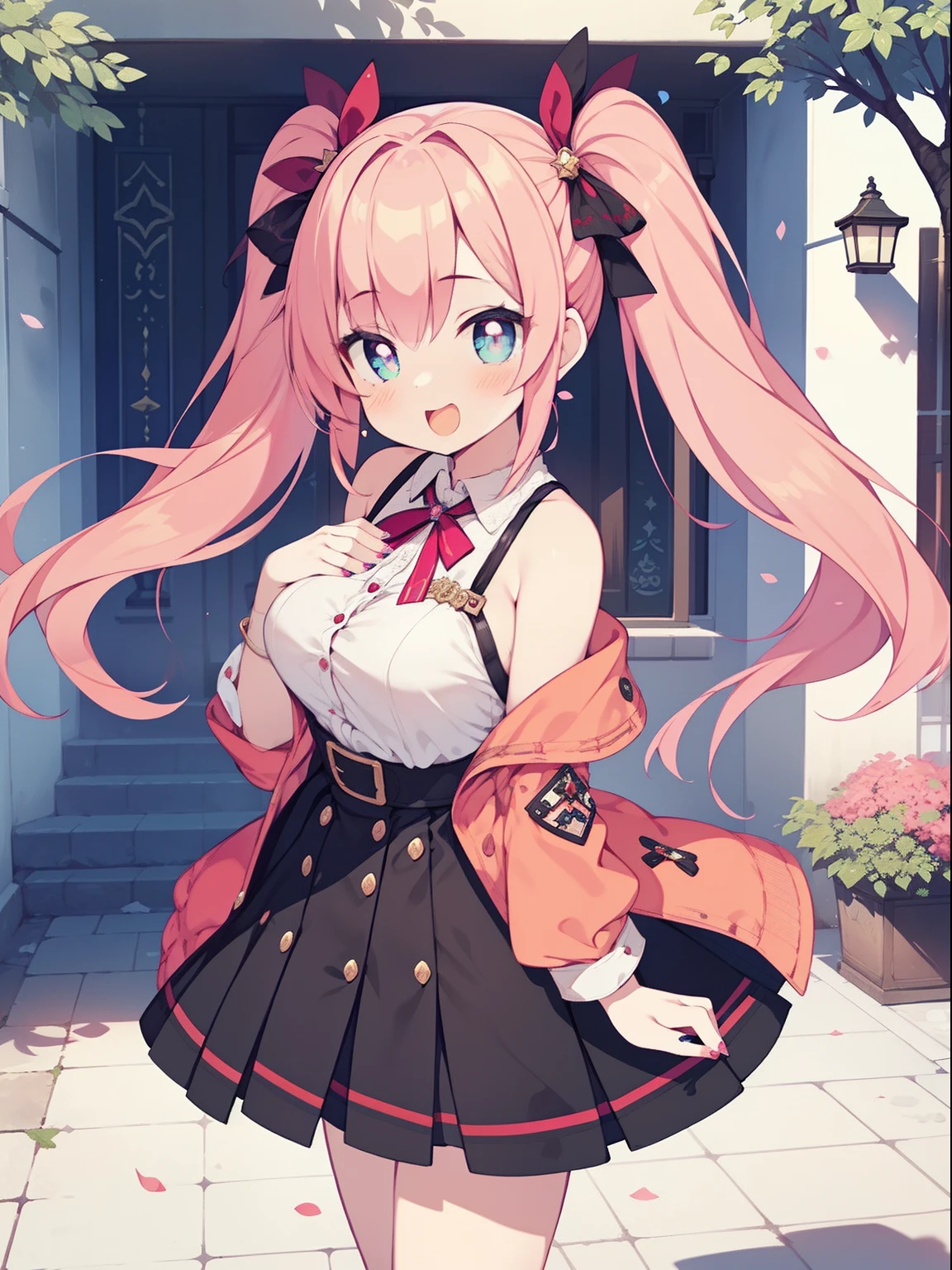 (1girl in:1.2), (Solo:1.2), masutepiece, nffsw、Shaders、Brilliant Textured Work、Ultra-detailed eyes、ultra-intricate pupil in eyes、top-quality、Pink hair、Landmine fashion、Half Twin Tail、Beautiful nails、high-heels、decoration、Batch Remake、Pink tops、Black skirt、Kamimei、Pink blush、Mouth that laughed、front view、large full breasts、valley、Shoulder out、looking at viewer、school courtyard、lawn、Standing Picture、Emphasis on the chest、