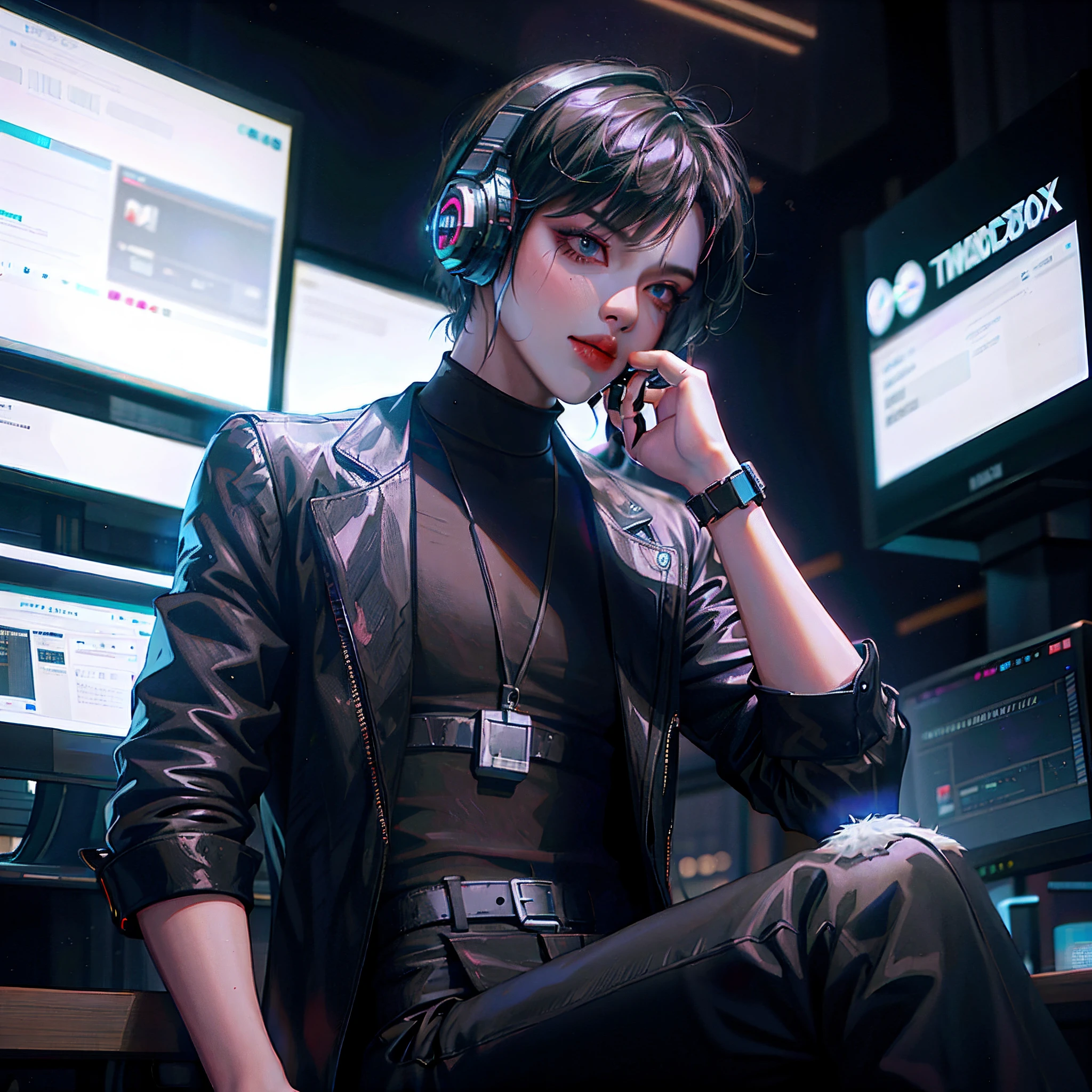 there is a guy sitting in front of a computer desk with headphones on,looking at monitor  wearing cyberpunk leather jacket, in cyberpunk style, wearing cyberpunk 2 0 7 7 jacket, cyber punk setting, cyber noir, modern cyberpunk anime, all black cyberpunk clothes, professional cosplay, handsome anime pose, cyber style, cyberpunk hero, cyberpunk photo, cyberpunk wearing, trending on cgstation