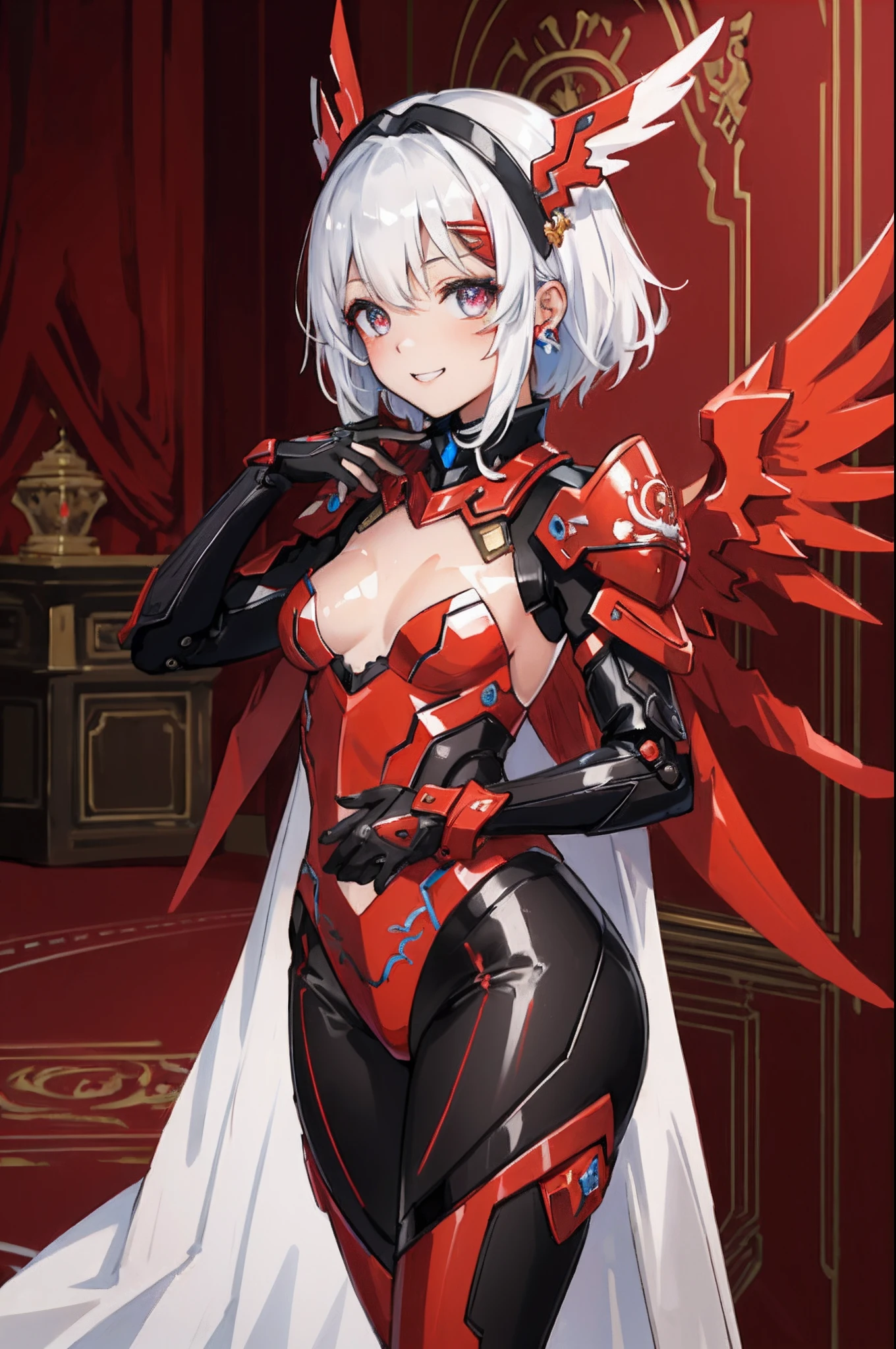 (master piece, Best quality), Intricate details, (((Kaihuai))), Valkyrie, (((kawaii))), cheerful grin, view the viewer, Crimson feather headdress, Night, (((In the red room))), Red Wall, Hand up, student, facial closeups, light particules,
1girl in, Solo, Realistic, ultra - detailed, (Shiny skin:1.4), Absurd, Slender, Dynamic lighting, high resolution, Sharp focus, depth of fields, Detailed eyes, Sharp pupils, Realistic pupils, (((flat breast))), (Thick thighs:1.0),
Portrait, sweeping bangs, Short hair with black curls, Sapphire drooping eyes, Crimson thighs, Dark red slit single sleeve, robotjoints, Crimson Grove, Crimson tights, Crimson reinforcement set, Crow's wings, Pantyhose, Crimson full armor, floral decorations,