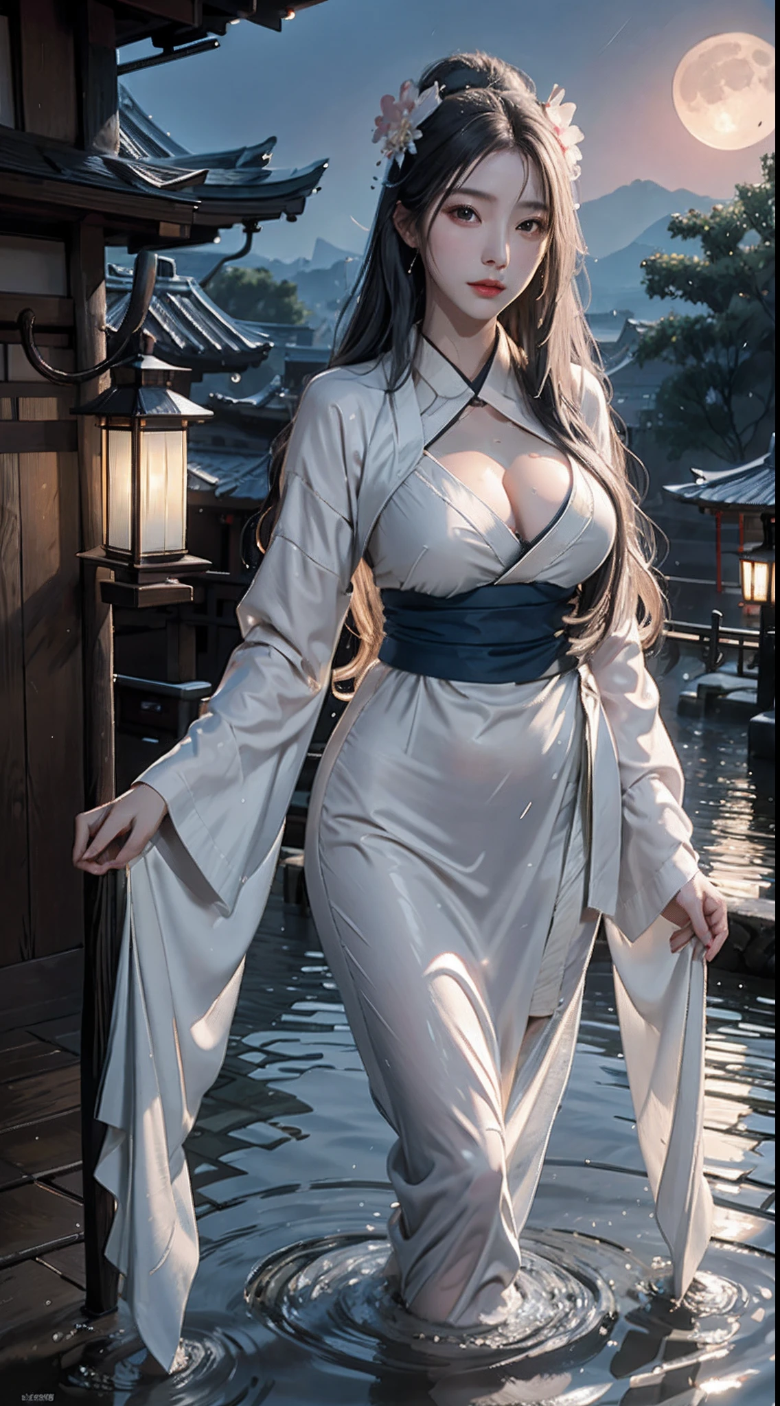 photorealistic, high resolution, soft lights, 1women, solo, hips up, shining skin, (detailed face), long hair, moon, lantern, night, solo, large breasts, hair ornament, wet, kimono, japanese clothes, wading, water, hair flower, flower, outdoors, sky, full moon, rain
