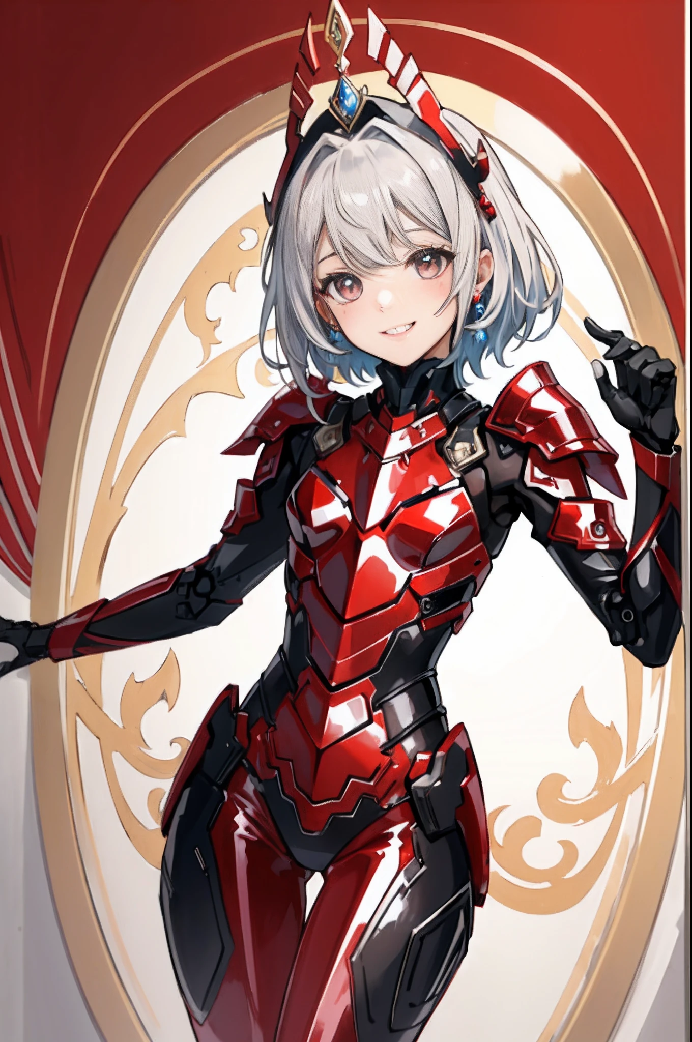 (master piece, Best quality), Intricate details, (((Kaihuai))), Valkyrie, (((kawaii))), cheerful grin, view the viewer, Crimson feather headdress, Night, (((In the red room))), Red Wall, Hand up, student, facial closeups, light particules,
1girl in, Solo, Realistic, ultra - detailed, (Shiny skin:1.4), Absurd, Slender, Dynamic lighting, high resolution, Sharp focus, depth of fields, Detailed eyes, Sharp pupils, Realistic pupils, (((flat breast))), (Thick thighs:1.0),
Portrait, sweeping bangs, Short hair with black curls, Sapphire drooping eyes, Crimson thighs, Dark red slit single sleeve, robotjoints, Crimson Grove, Crimson tights, Crimson reinforcement set, Crow's wings, Pantyhose, Crimson full armor, floral decorations,