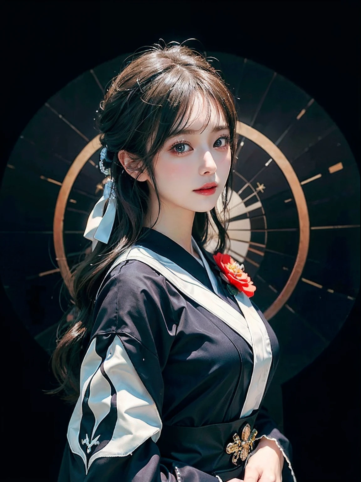 (Raw photography:1.2)、top-quality、a beautiful detailed girl、A smile、long hair haired、extremely detailed eye and face、beatiful detailed eyes、huge filesize、hight resolution、8k wallpaper、finely detail、Highly detailed ticker uniform 8K wallpaper、Light on the Face、电影灯光、16-year-old girl、(photorealisim:1.4)、Tall lady, skiny, slim_Legs, 独奏, huge-breasted, cleavage of the breast, jewely, cparted lips, s lips, From the side, long skirt,a woman in a black dress and white collared shirt, jk uniform, high quality costume, anime cosplay, cosplay, in black uniform, anime girl cosplay, magic school uniform, magical school student uniform, magic uniform, full body with costume, dress, magic uniform university, anime girl wearing a black dress, wonderful,a close up of a blue and white kimono with a flower pattern, pale and coloured kimono, kimono, yukata clothing, classy yukata clothing, classic kimono