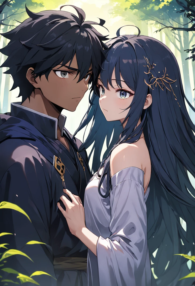 um homem e uma mulher. uma sacerdotisa com cabelos negros e um feiticeiro com cabelos pretos curtos. duas pessoas. uma floresta misteriosa. renderizações hiperdetalhadas, estilo anime, 8k, olhos detalhados, olhos perfeitos, epic, dramatic, genial, corpo inteiro, design e detalhes intrincados, lighting dramatic, 8k, rosto detalhado