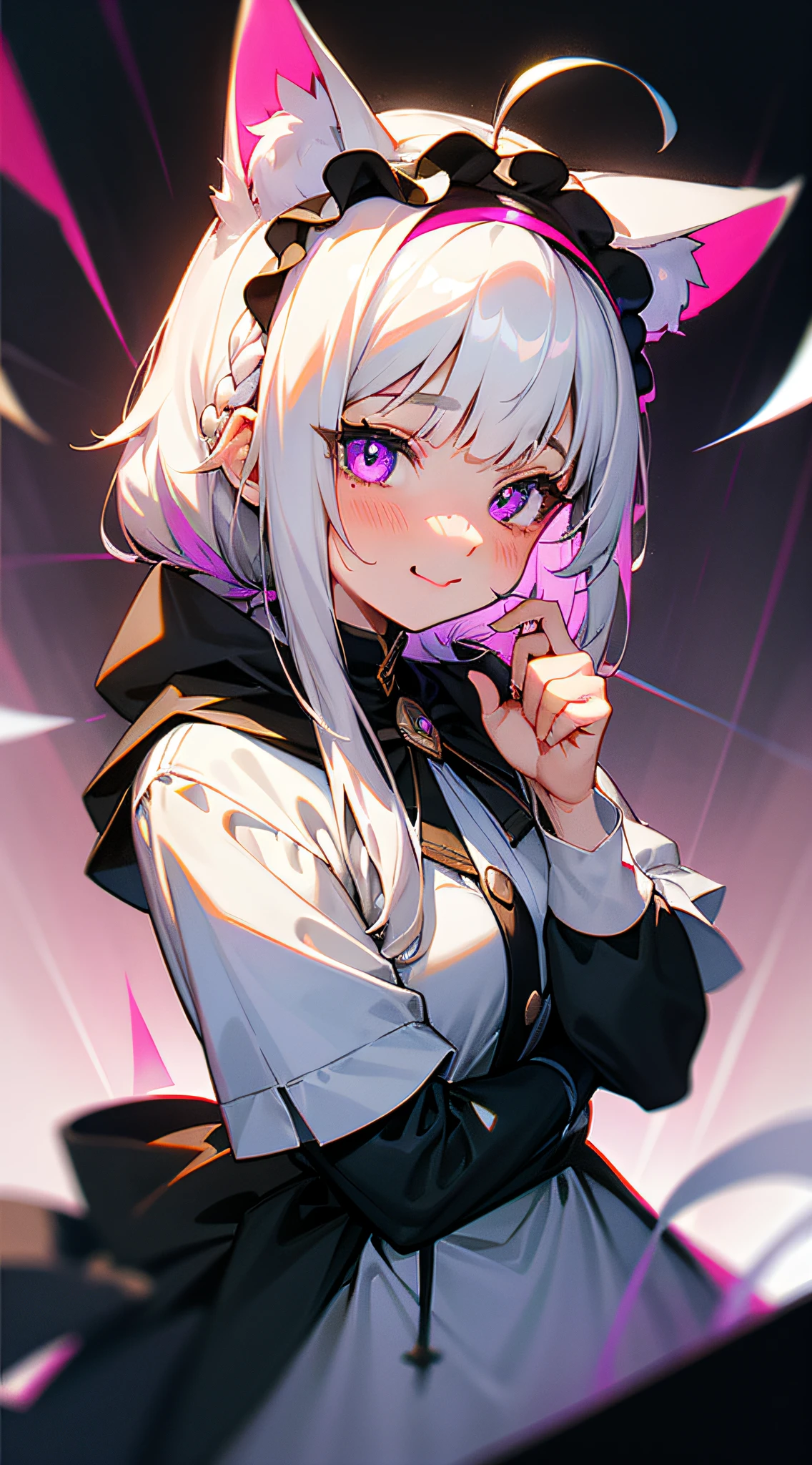 Black hair, hair bobbles, wince, long eyelasher, solid circle eyes, Fake animal ears, Light smile, Ear blush, Fang, White hair, Silver hair, Striped hair, Colored inner hair, Gradient hair, ahoge, Braid, Blunt bangs, french braid, Long hair, hair over shoulders, hime-cut, heart ahoge, Hood, shairband, maid headdress, ribbon, white hair ribbon,, Heart-shaped pupils, Colored Contact Lenses, Fox ears, Cat ears, Animal ears, Fake animal ears, Shy, Blush, Tongue stock, verbal invitation, surrealism, shadowing, anaglyph, stereograms, tachi-e, angle of view, Atmospheric perspective, Verism, Interior architecture, Chiaroscuro, Cinematic lighting, color difference, shadowing, chromatic aberration abuse, back lit lighting, stereograms, tachi-e, Bokeh, 8K, Super detail, ccurate, Best quality, Textured skin, Anatomically correct, hyper HD, Masterpiece, ccurate, High details, A high resolution, 1080p，lewd nun，Beth，holy rays