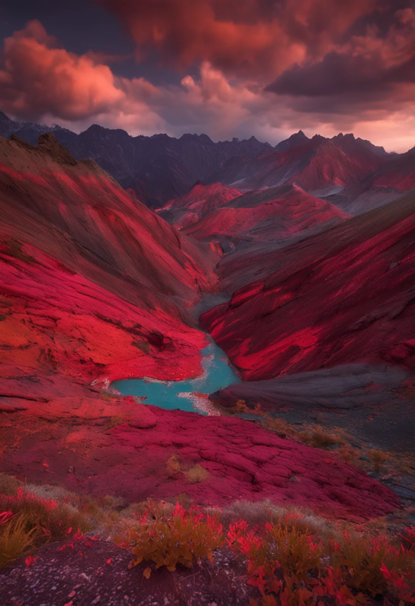 Look at the red mountains all over,The layers of the forest are full of dye