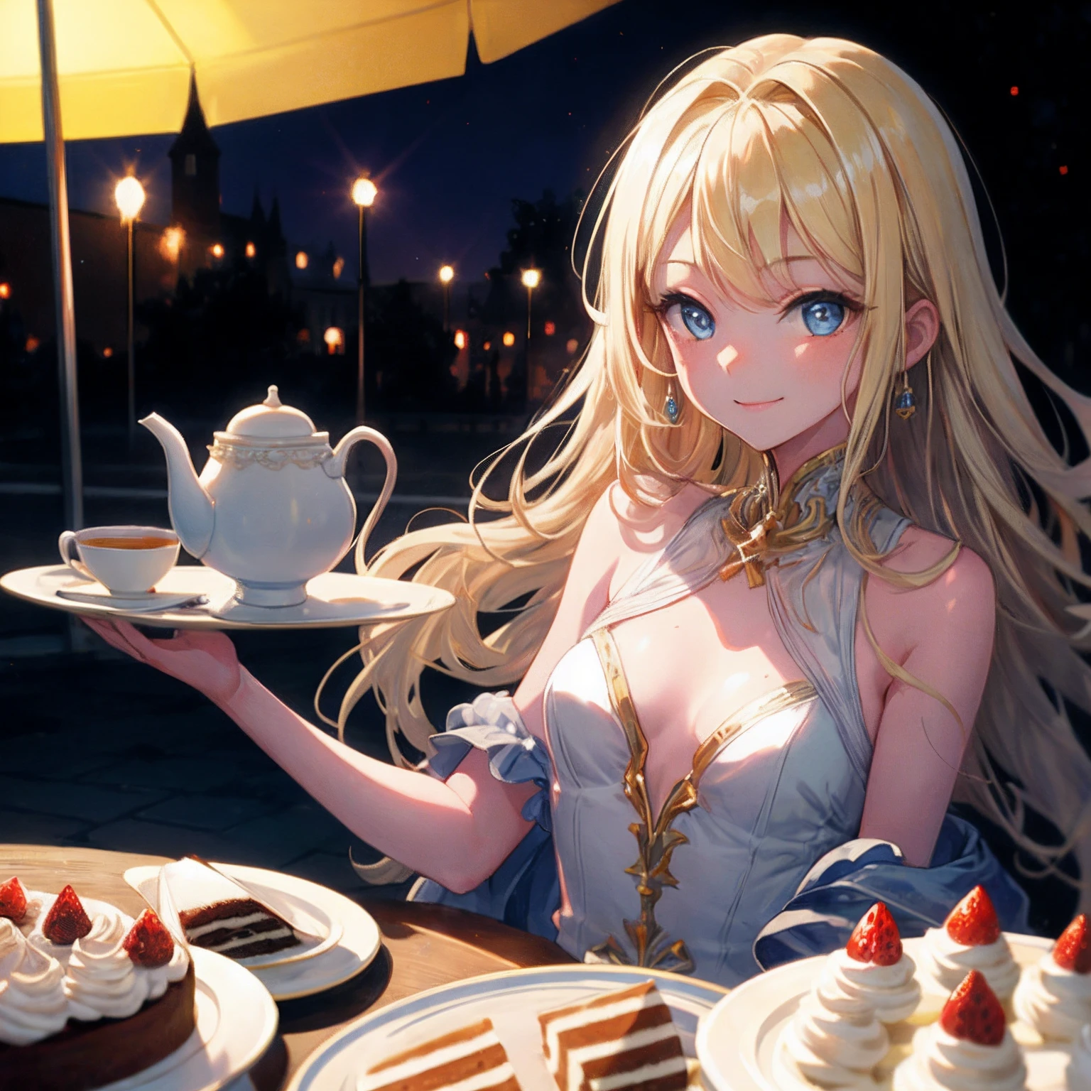 (illustration,masterpiece,best quality,high resolution),1 girl,smile,small breasts,long hair,blonde hair,blue eyes,white dress,bare shoulders,monster energy,tea party,upper body,table,cake,shiny skin,outdoors