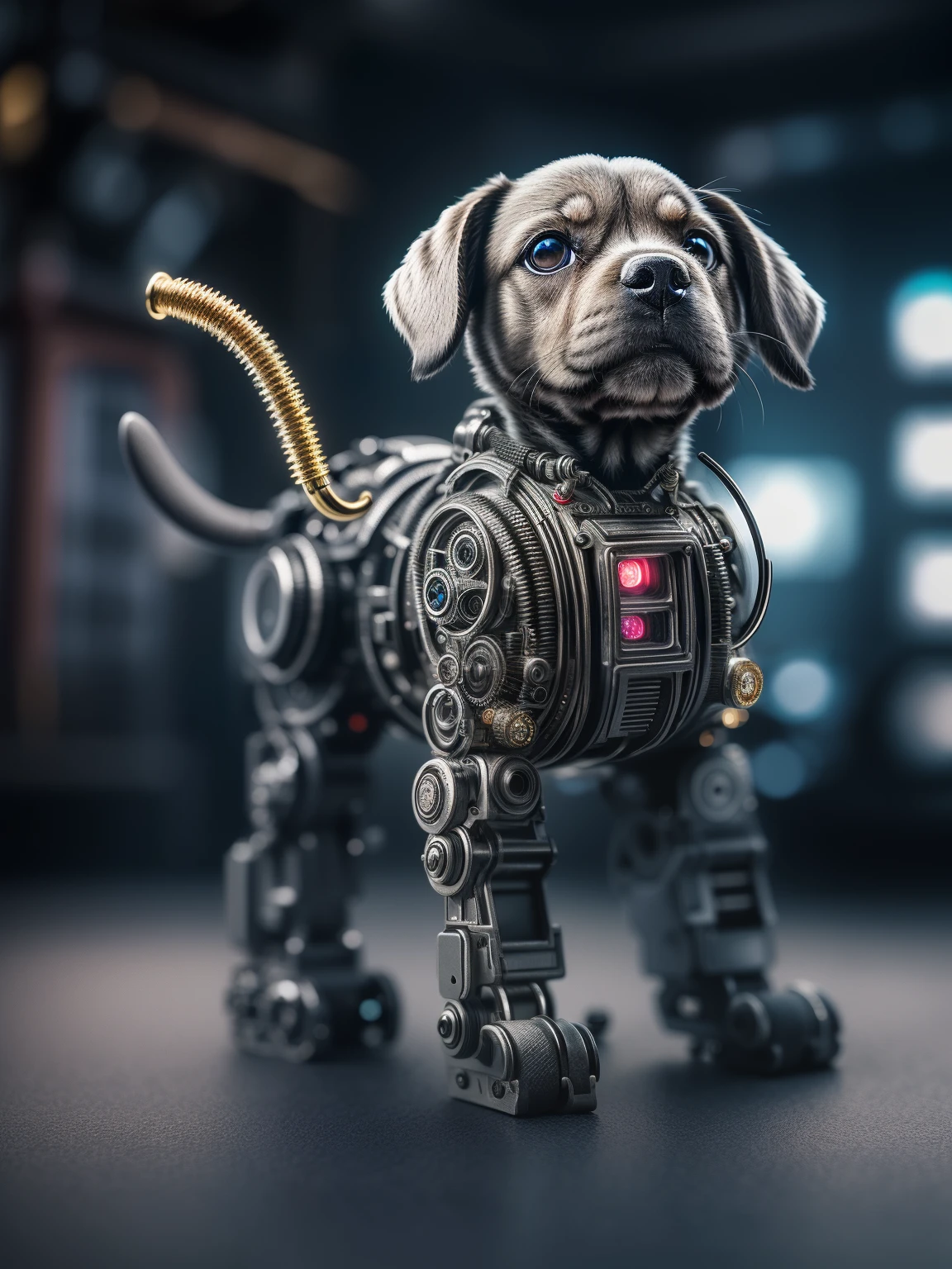 A cute puppy made of metal，(Cyborg:1.1)，([Tail | detailed wire]:1.3)，(Complicated details)，hdr，(Complicated details，ultra - detailed:1.2)，Cinema lenses，Vignette，at centre，Macro lens, Cyborg, Cyberpunk Style, ((Intricate details)), hdr, ((Intricate details, ultra - detailed)), cinema shot, Vignette, Perfect (((Gorgeous face))), Highly detailed, iintricate