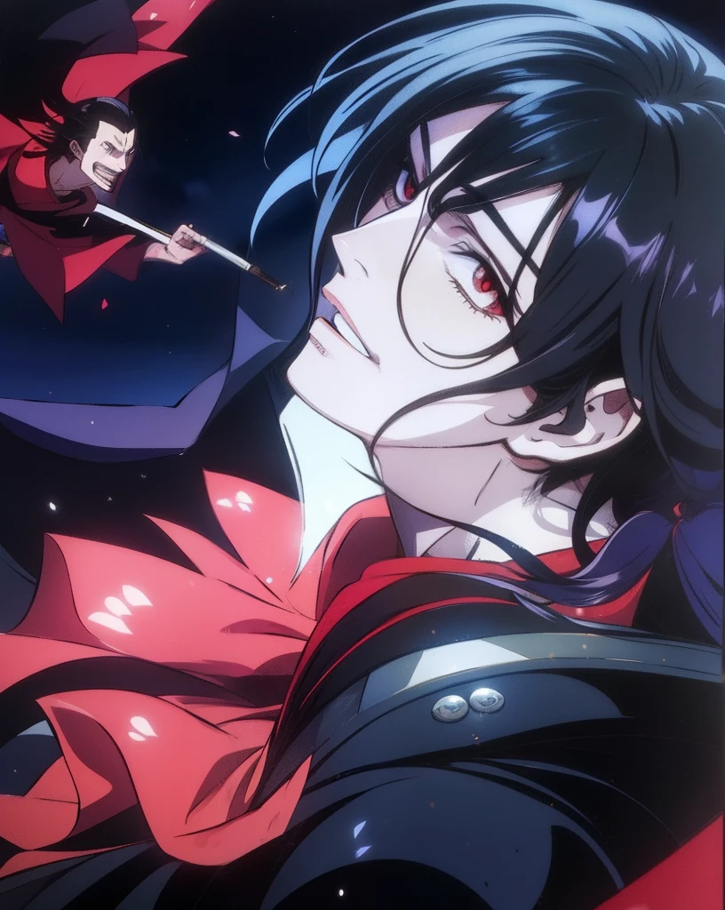 a close up of a person in a red cape holding a cigarette, l vampire, male vampire, alucard, androgynous vampire, tsurumaki kazuya, anime vampires, male vampire of clan banu haqim, handsome male vampire, inspired by Yamagata Hiro, shigenori soejima illustration, vampire, anime style, anime version, piercing mount, pale skin