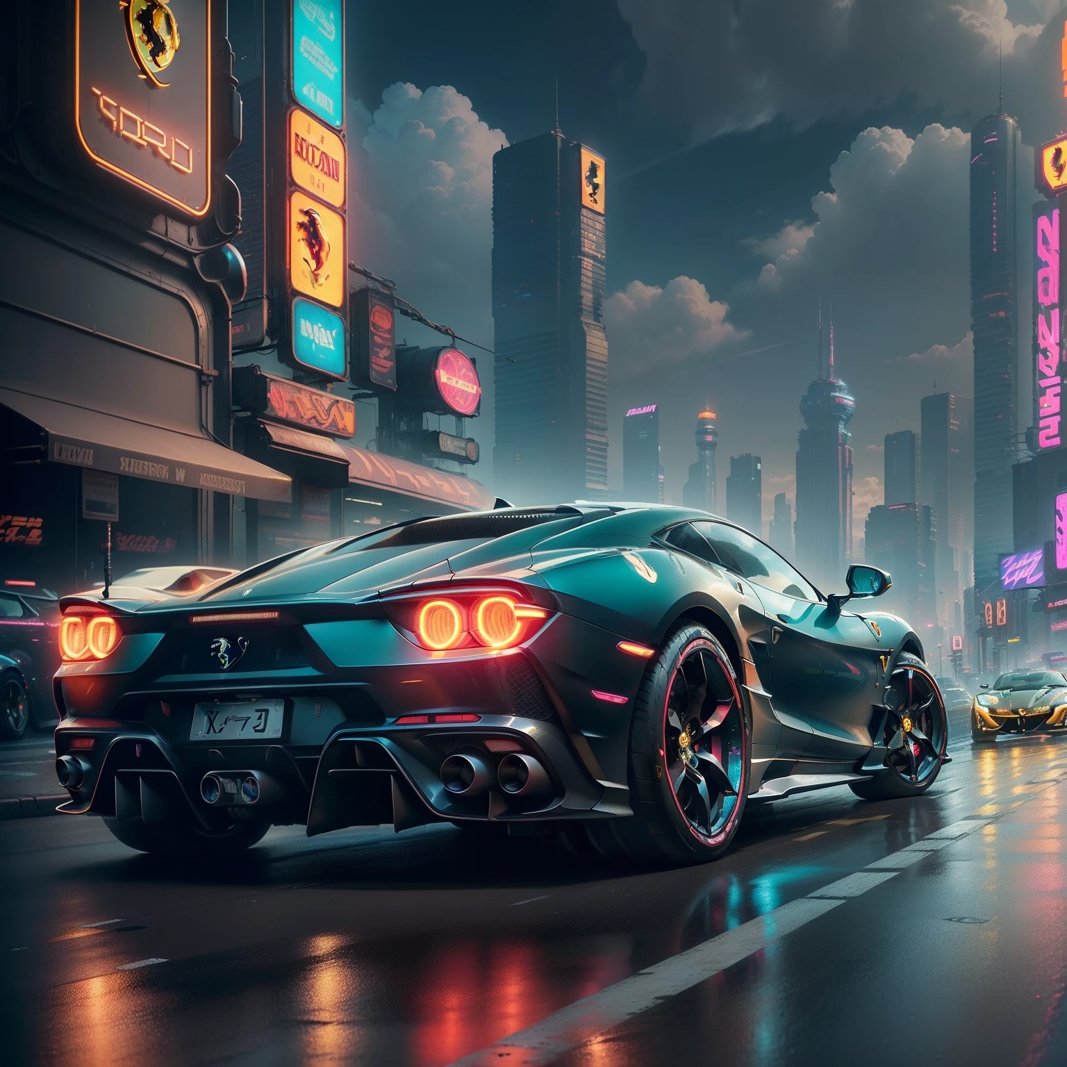 best quality, masterpiece, detailed background, highly detailed, intricate, cyberpunk city, road, cyberpunk, sunny, day, clouds, skyscraper, futuristic, science fiction, car focus, cool car, (cyberpunk car, futuristic car:1.2), (neon car, neon wheels, neon lights:1.4), (black ferrari:1.3), (red lights), (future car), (car front view:1.2)