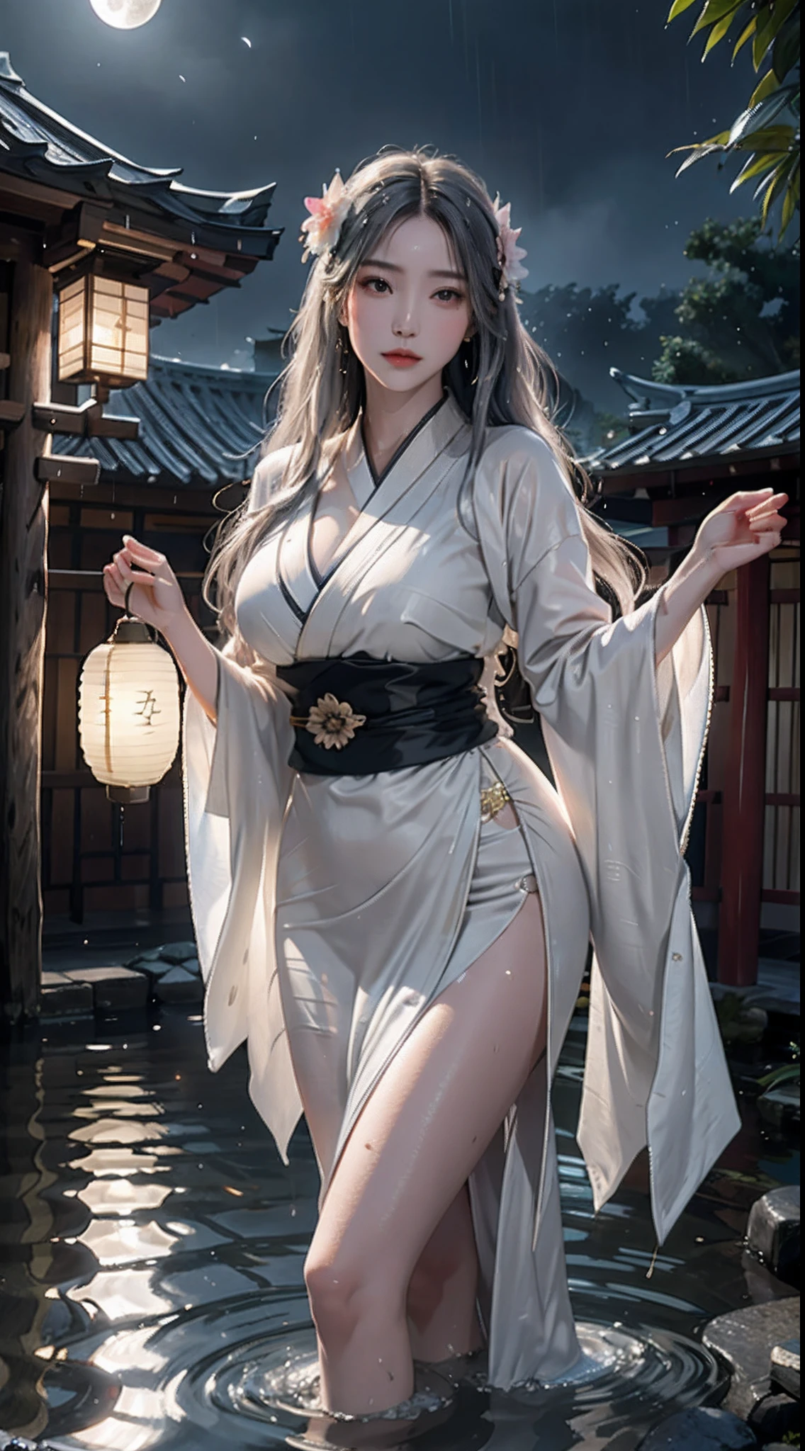 photorealistic, high resolution, soft lights, 1women, solo, hips up, shining skin, (detailed face), long hair, moon, lantern, night, solo, large breasts, hair ornament, wet, kimono, japanese clothes, wading, water, hair flower, flower, outdoors, sky, full moon, rain