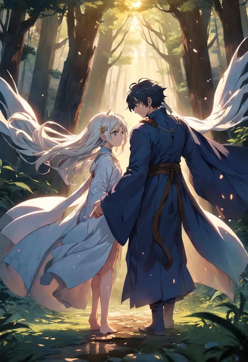 um homem e uma mulher. uma sacerdotisa e um feiticeiro com cabelos curtos. uma floresta misteriosa. renderizações hiperdetalhadas, estilo anime, 8k, olhos detalhados, olhos perfeitos, epic, dramatic, genial, corpo inteiro, design e detalhes intrincados, lighting dramatic, 8k, rosto detalhado
