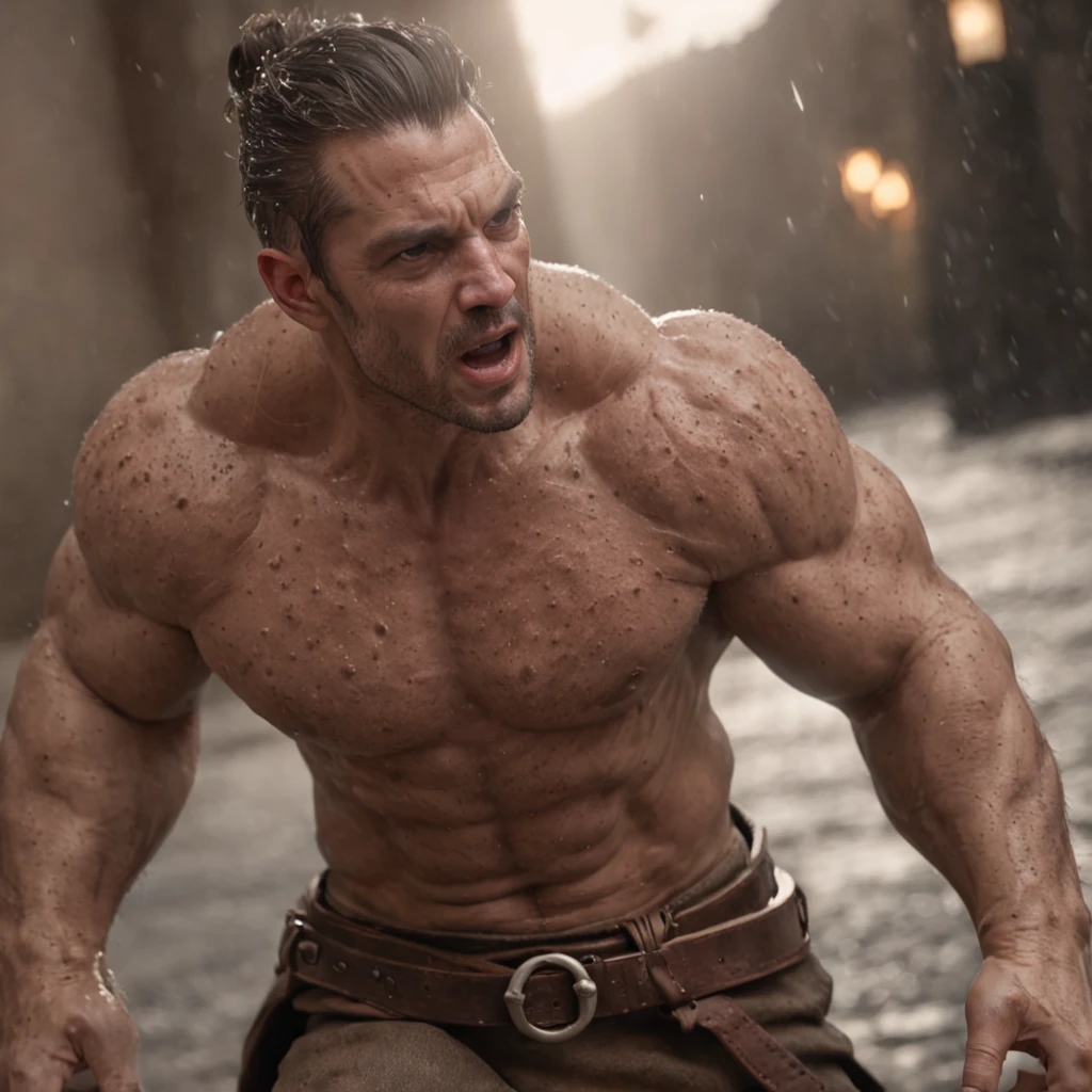 (Renderizado 3D profesional:1.3) de (realista:1.3) The most beautiful art photo in the world，Features soft and bright male heroes, ((Epic hero fantasy muscular rough man wet hero angry look long hair short beard and fierce expression in dynamic pose, Fantastic location, majestuoso entorno desordenado)), Renderizado 8k Unity de cuerpo completo, action shot, poro de la piel, very dark lighting, Sombreado pesado, Detallado, Cara detallada, (Vibrante, Realistic photography, realista, dramatic, oscuro, foco nítido, 8k), (Old leather garments damaged by weathering:1.4), ((((Use pieles)))), (intrincado:1.4), decadente, (Altamente detallado:1.4), Pintura digital, Renderizado por Octane, Estaciones de arte, Concepto-Arte, Suave, foco nítido, 插圖, Arte Germen, (loish:0.23), WLOP Ilya Kuvshinov, y Greg Rutkowski y Alphonse Mucha gracias, (global ilumination, Luz de estudio, Light Volumetric), fuertes lluvias, particles floating, LotR, fantasy, Once, cuerpo completosbian, ((Fondo oscuro y antiguo de la ciudad:1.3)),CGSesociety,Estaciones de arte
