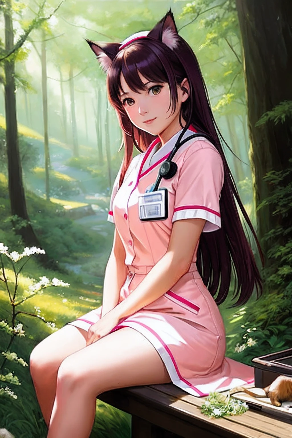 cat ear、nurse、a smile、Pink costume、Nostalgia、A sexy、stethoscope、Full shot body photo of the world's most beautiful artwork featuring a professional magnificent oil painting of the heart Ed Blinky、Ateigairan、Studio Ghibli、Jeremy Mann、Greg Munchez、Antonio Moro、trending on artstationh、Trending in CGSighbour、 Complex and、High detail、Sharp focus、Dramatic and photorealistic painting art Midjourney and Greg Rutkowski In the woods