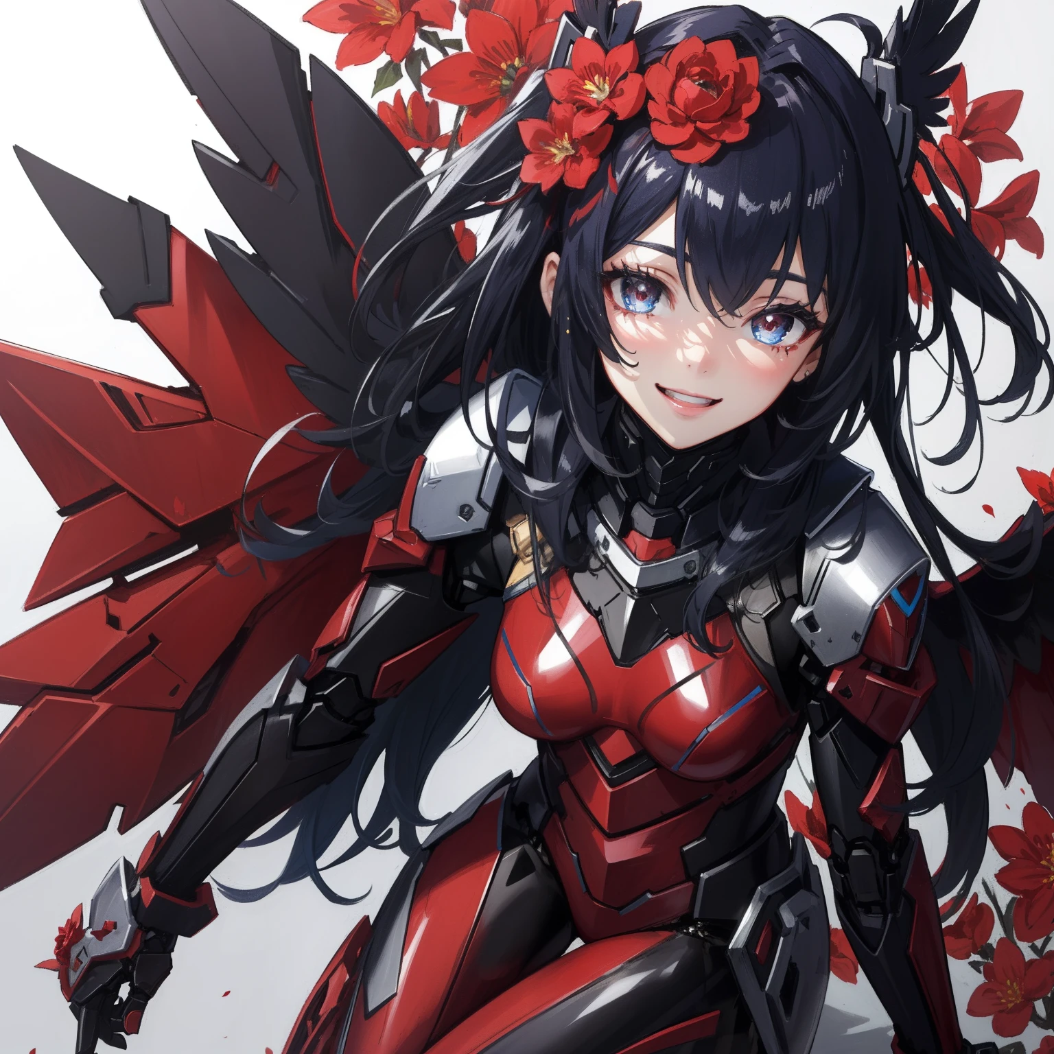 (​master piece, Best Quality), Intricate details, (((Laugh))), valkyrie, (((kawaii))), Cheerful smile, Looking at Viewer, Deep Red Feather Headgear, Night, (((red flower garden))), Hand up, sitting, 15yo student, close up of face, light Particle, 

1girl in, Solo, Realistic, ultra-detailliert, (Shiny skin:1.4), Absurd, slender, Dynamic lighting, High resolution, Sharp Focus, depth of fields, Detailed eyes, Sharp pupils, Realistic pupils, (((flat breast))), (thick thighs:1.0), 

Portrait, swept bangs, short hair with black curly hair, Sapphire drooping eyes, crimson thighs, Deep Red Detached Single Sleeve, Robot joints, Crimson Grove, Crimson bodysuit, Crimson reinforced suit, Wings of Raven, pantyhose, Crimson Full Armor, flower decoration,