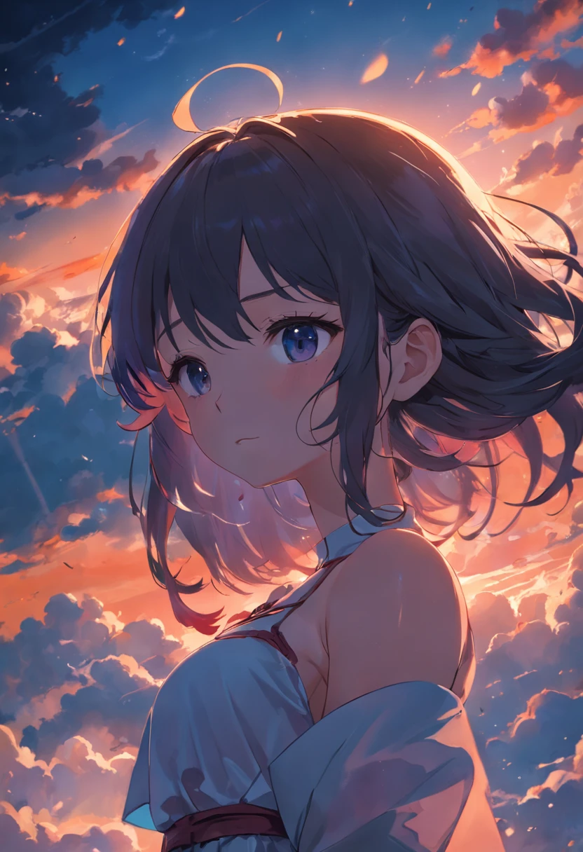 tmasterpiece,best qualtiy,cinematic Film still from,1girl,clouds,Floating in the sky,closeup cleavage,brightly,cheerfulness,Warm and soft lighting,the sunset,drak,火焰,kosmos(spark of light:0.7)