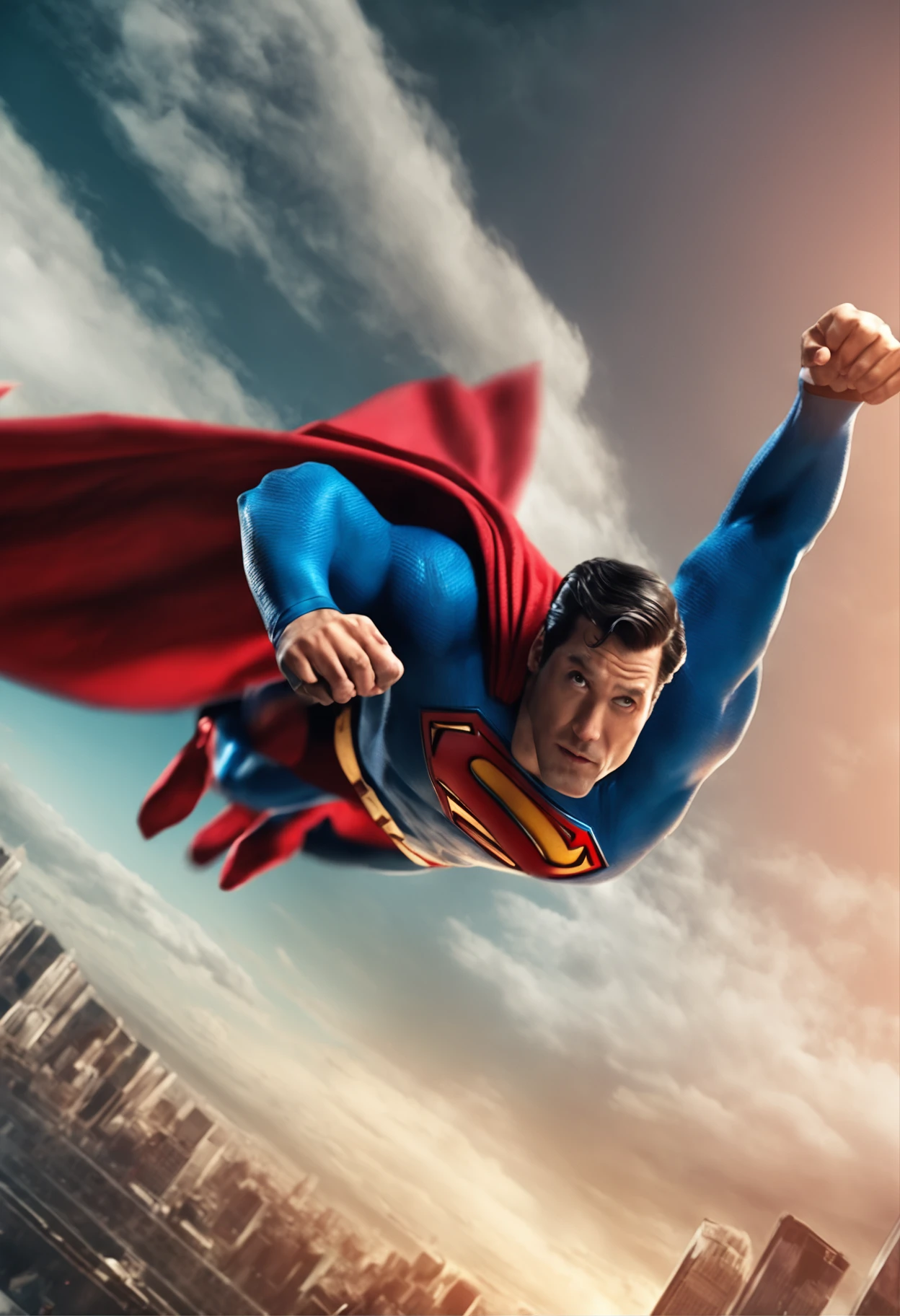 Superman's live-action style flying through the sky