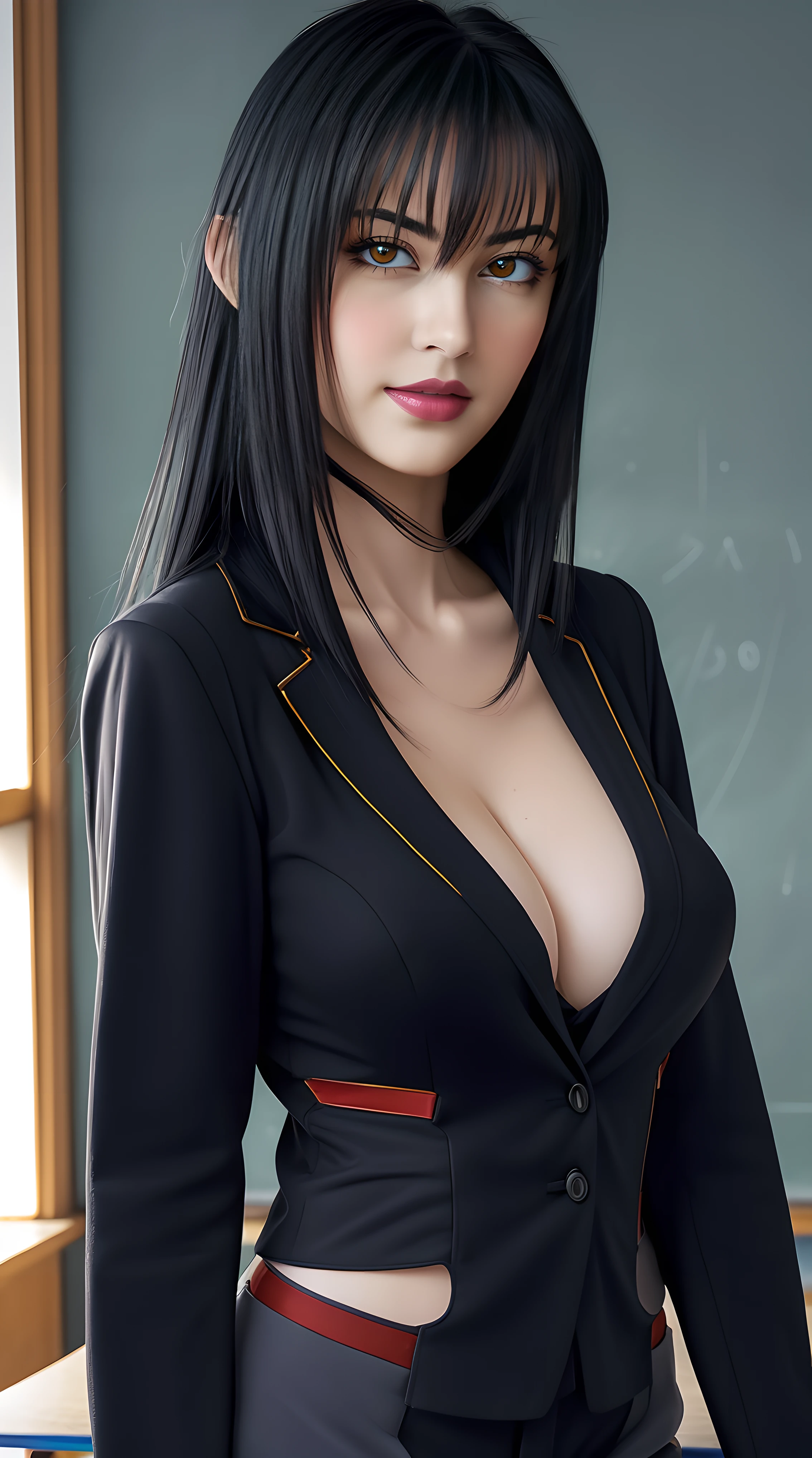 Annerose, 1girl, female mature, spread legs, long hair, black hair, pointy ears, yellow eyes, large breasts, (teacher suit:1.5), (skin tight:1.05), proper clothes, cowboy shot, cleavage, perfect body, (athletic body:1.1), anime face, perfect face, perfect eyes, anime eyes, smoky eyeliner, eyeshadow, looking at viewer, sharp focus, intricate details, masterpiece painting, professional artwork, (vibrant colors:1.1), vivid colors, Diffused lighting, digital blending, ultra detailed body, ultra detail hair, ultra detail face, trending on pixiv, by Kagami Hirotaka, (((mature woman, mature female, 35yo, seductive glance, smirk))), exquisite anatomy details,