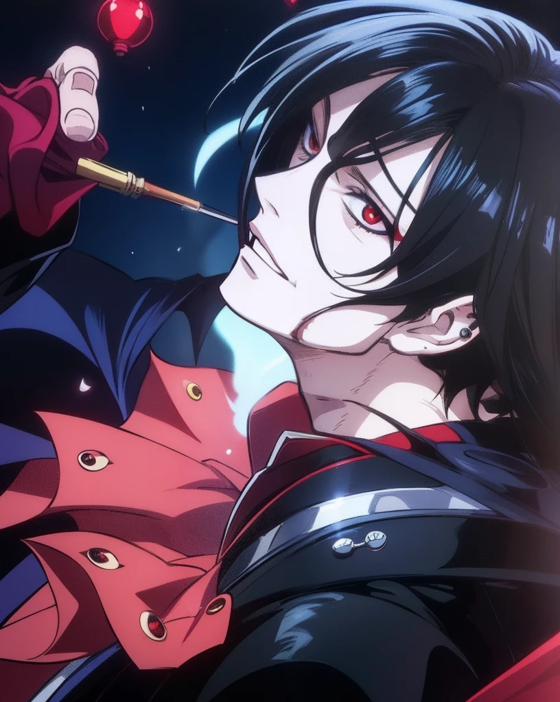 a close up of a person in a red cape holding a cigarette, l vampire, male vampire, alucard, androgynous vampire, tsurumaki kazuya, anime vampires, male vampire of clan banu haqim, handsome male vampire, inspired by Yamagata Hiro, shigenori soejima illustration, vampire, anime style, anime version, piercing mount, pale skin, extreme long hair, long Black hair