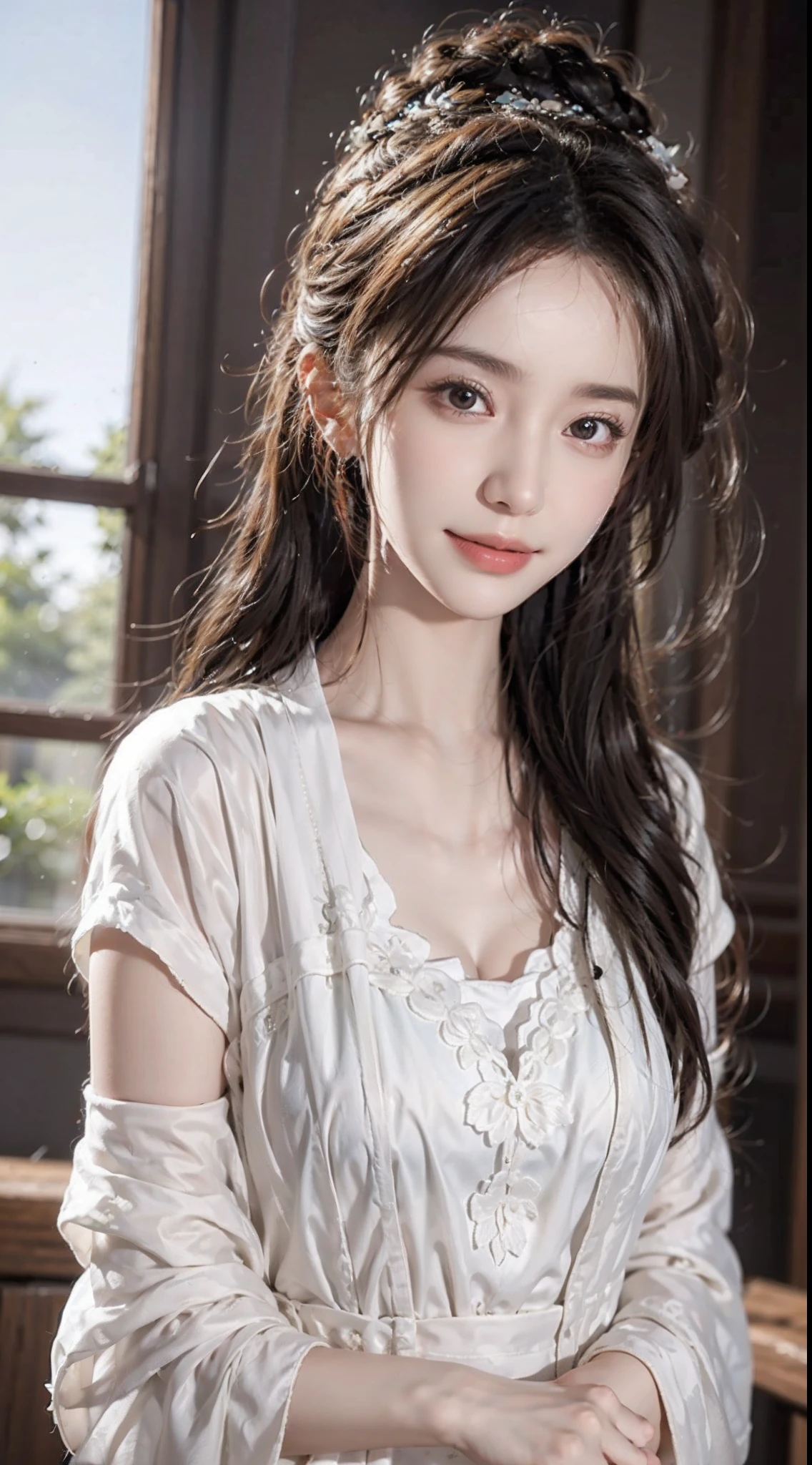 Face lighting,Bright backlight,Medium breasts,Super high resolution,Best quality,photore,4K,(Realistic:1.2),1girll,Solo,A charming smile,